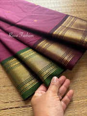 Dark Mauve Pink Shade Kanchi Cotton Saree With Ganga Jamuna Border and handmade golden Zari Buttas