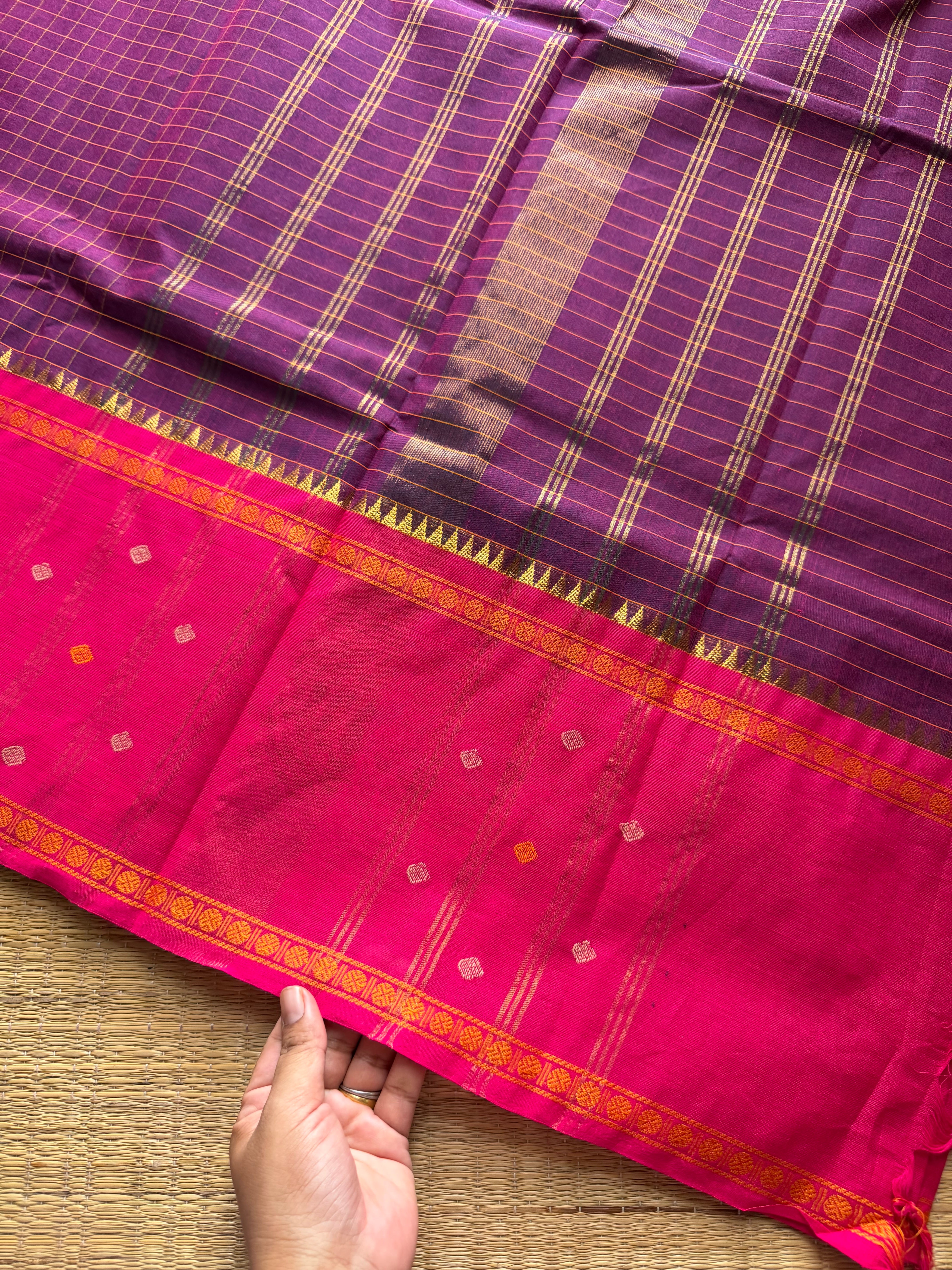 Purple shade Vintage Border Kanchi Cotton Saree With kattam / checks pattern & handwoven Buttas on the border
