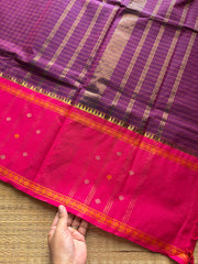 Purple shade Vintage Border Kanchi Cotton Saree With kattam / checks pattern & handwoven Buttas on the border