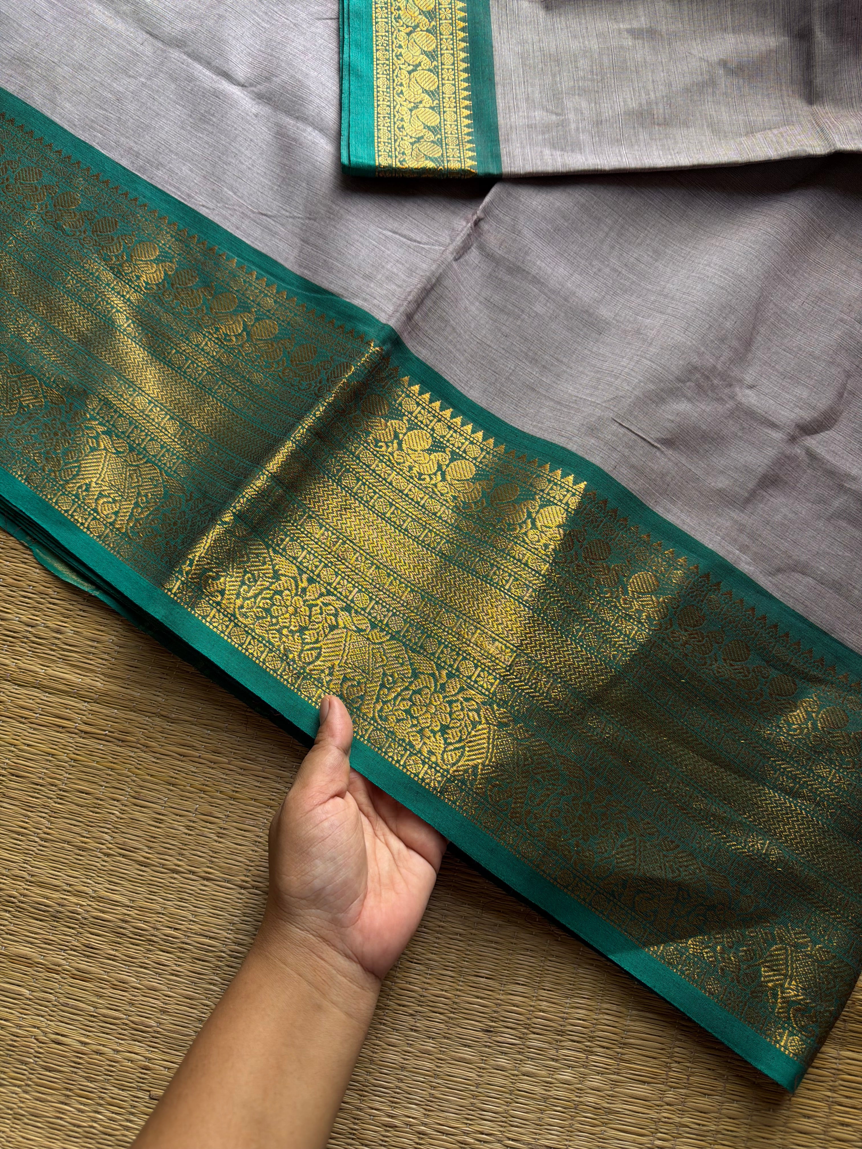 RF1121 Light grey with teal green ~ Kanchi Cotton Saree