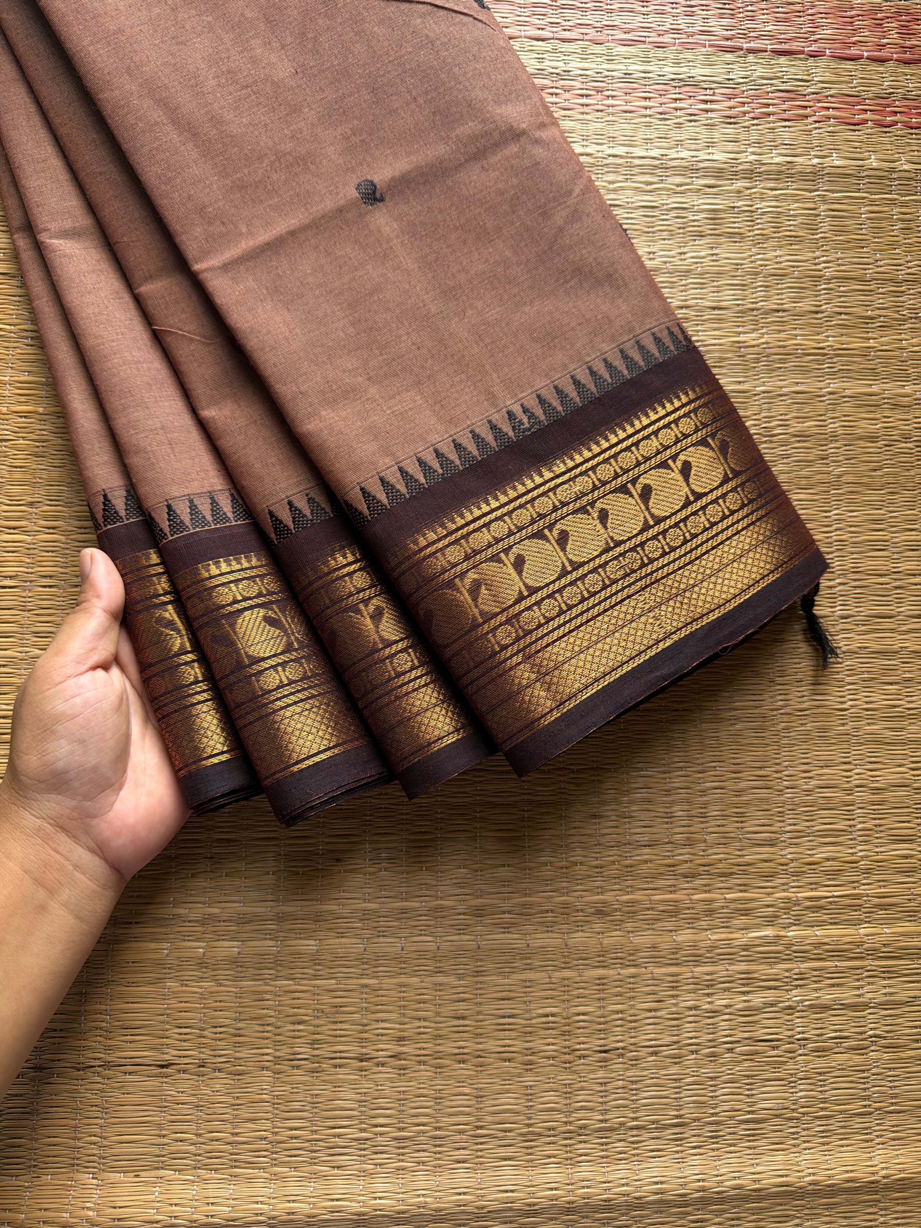RF1024 Beige with brown shade Kanchi cotton saree with handmade thread buttas