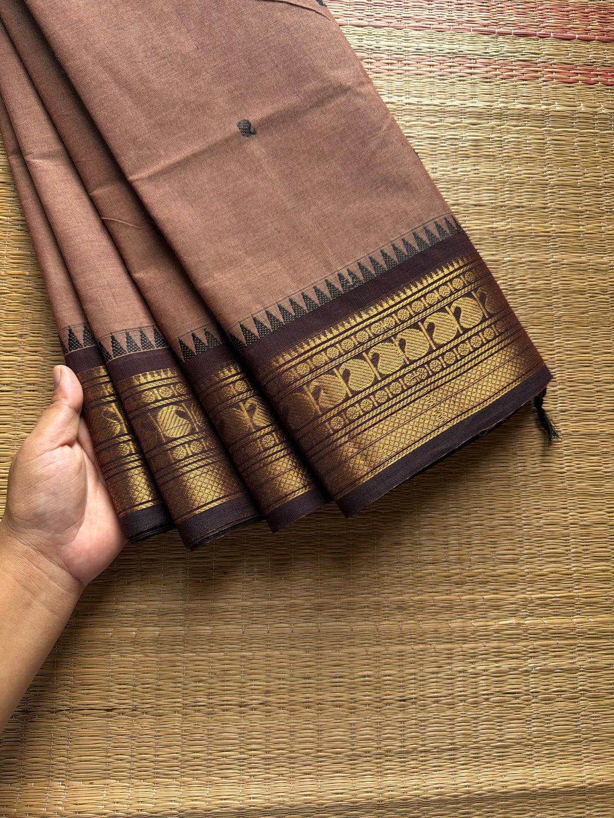 RF1024 Beige with brown shade Kanchi cotton saree with handmade thread buttas