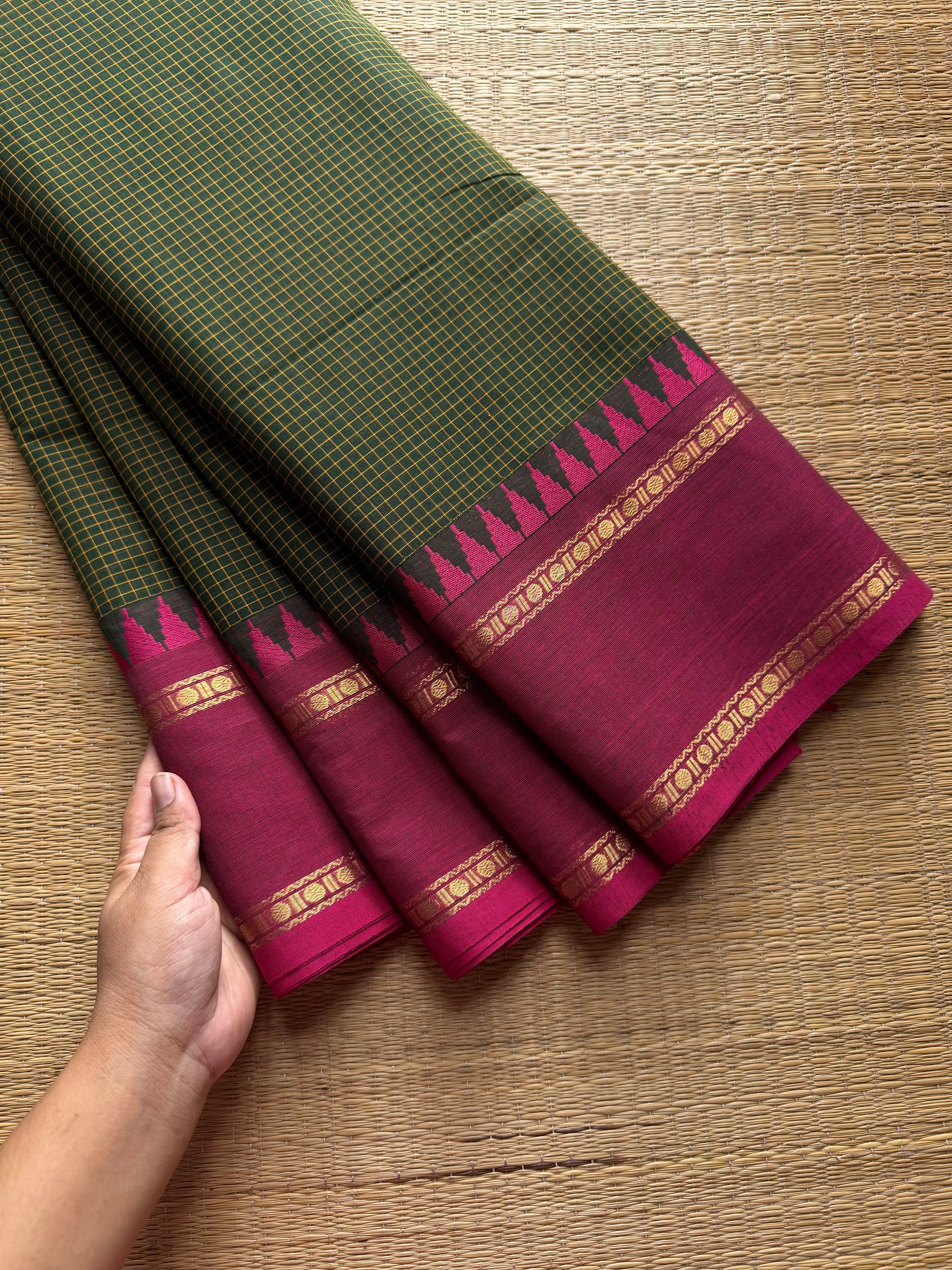 Bottle green with pink combination vintage border Podikattam Kanchi cotton saree