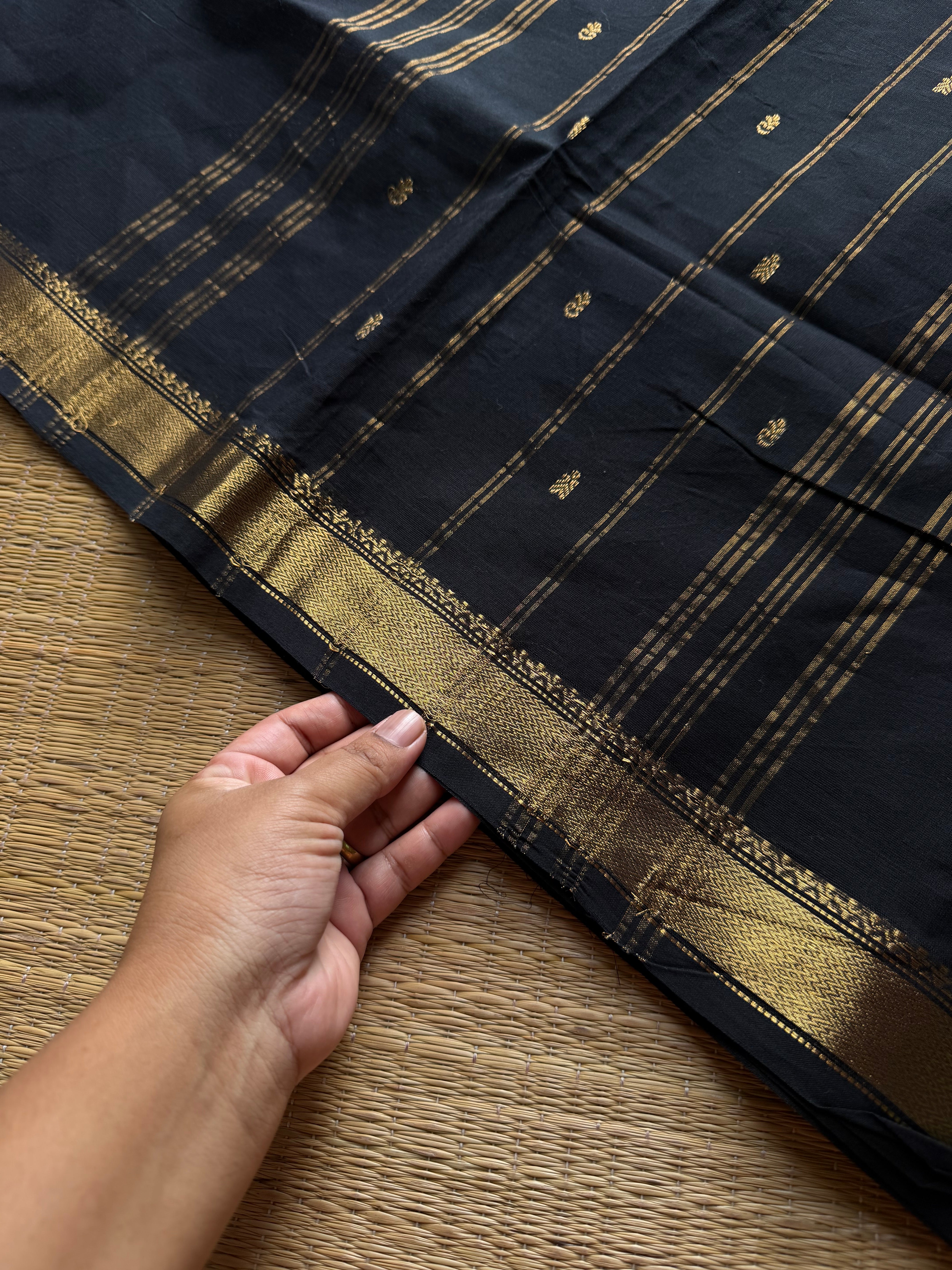 RF996 Black ~ Small border Kanchi cotton saree with handmade golden Zari Buttas