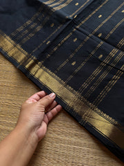 RF996 Black ~ Small border Kanchi cotton saree with handmade golden Zari Buttas
