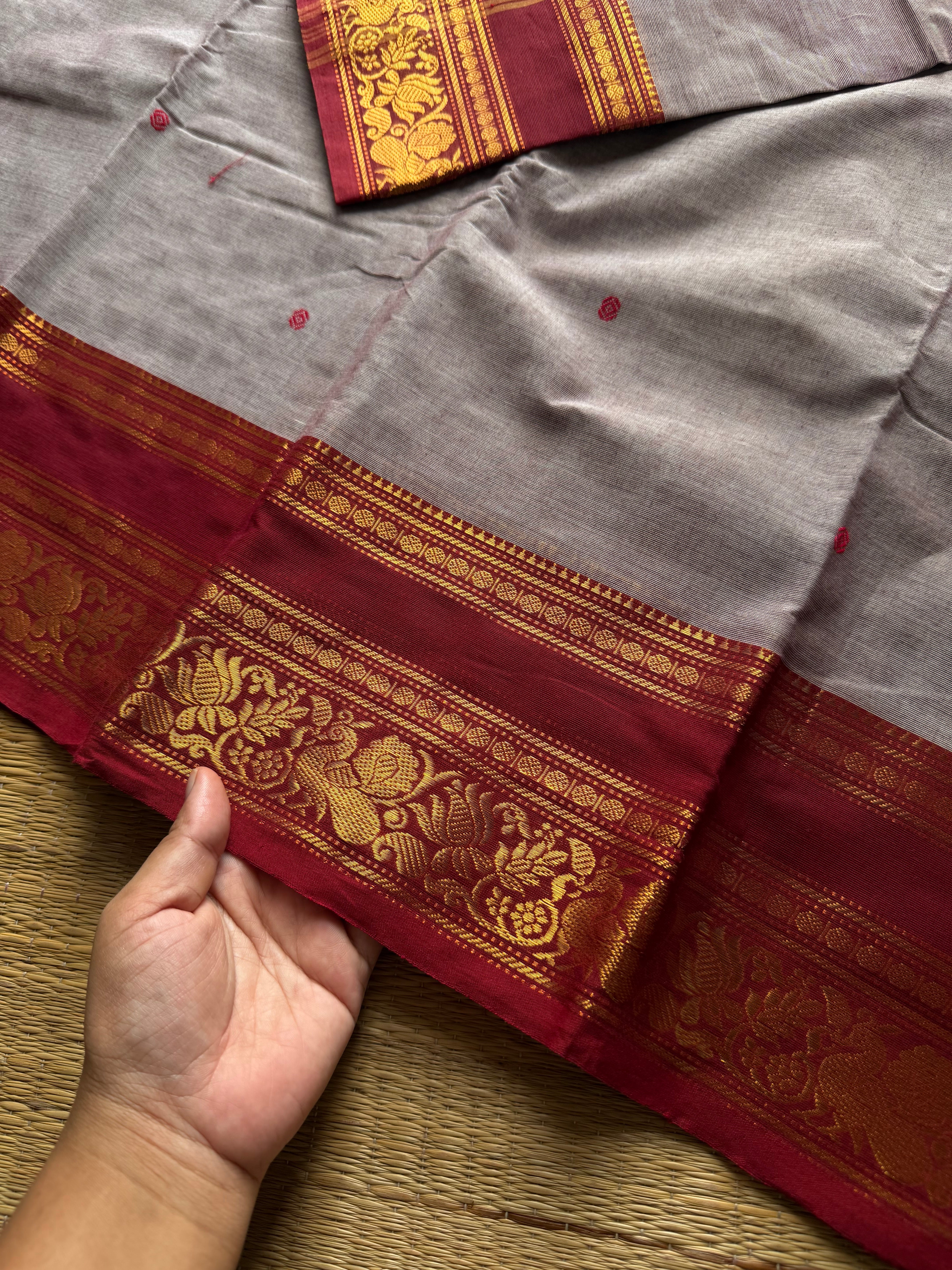 RF1347 Light grey shade Kanchi cotton saree with handmade thread buttas