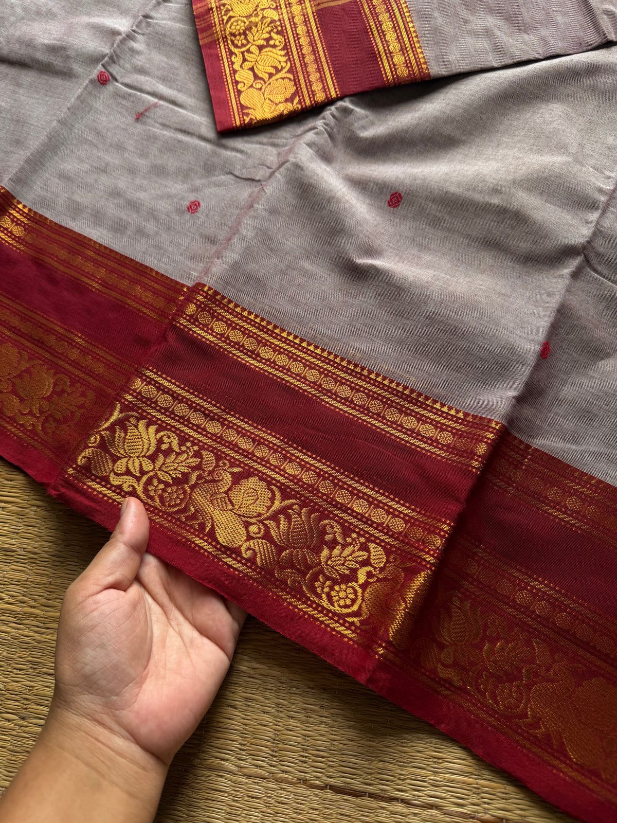 RF1347 Light grey shade Kanchi cotton saree with handmade thread buttas