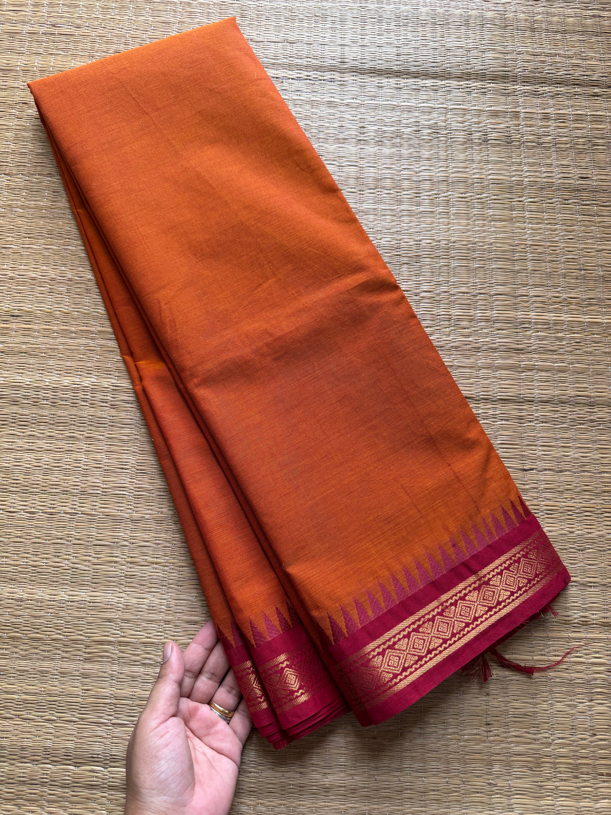 Orange with maroon shade small border Kanchi cotton saree