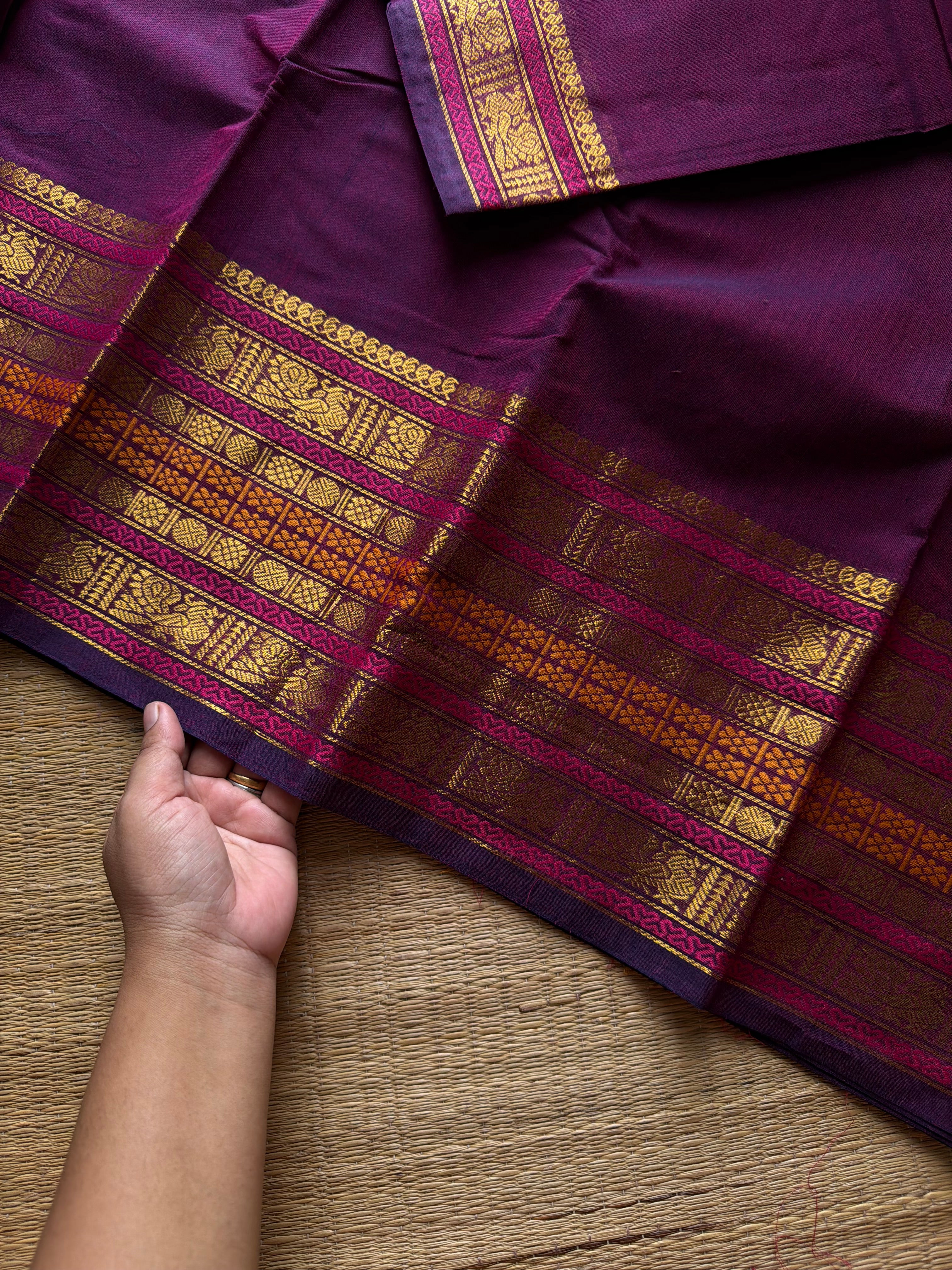 RF1066 Purple shade Varisaipet border Kanchi cotton saree