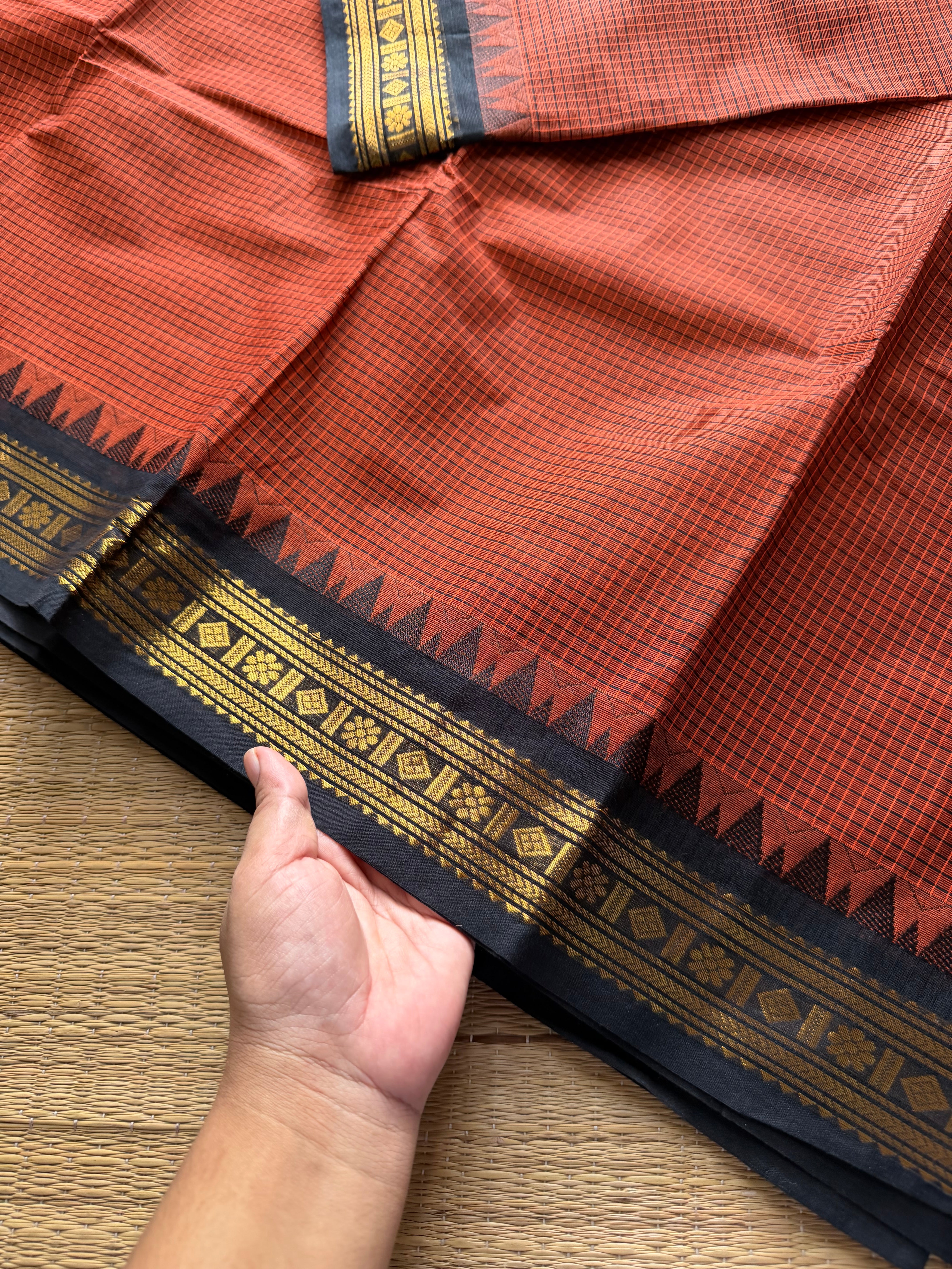 RF698 Rustic orange with black combination vintage Podikattam Kanchi cotton saree with small border