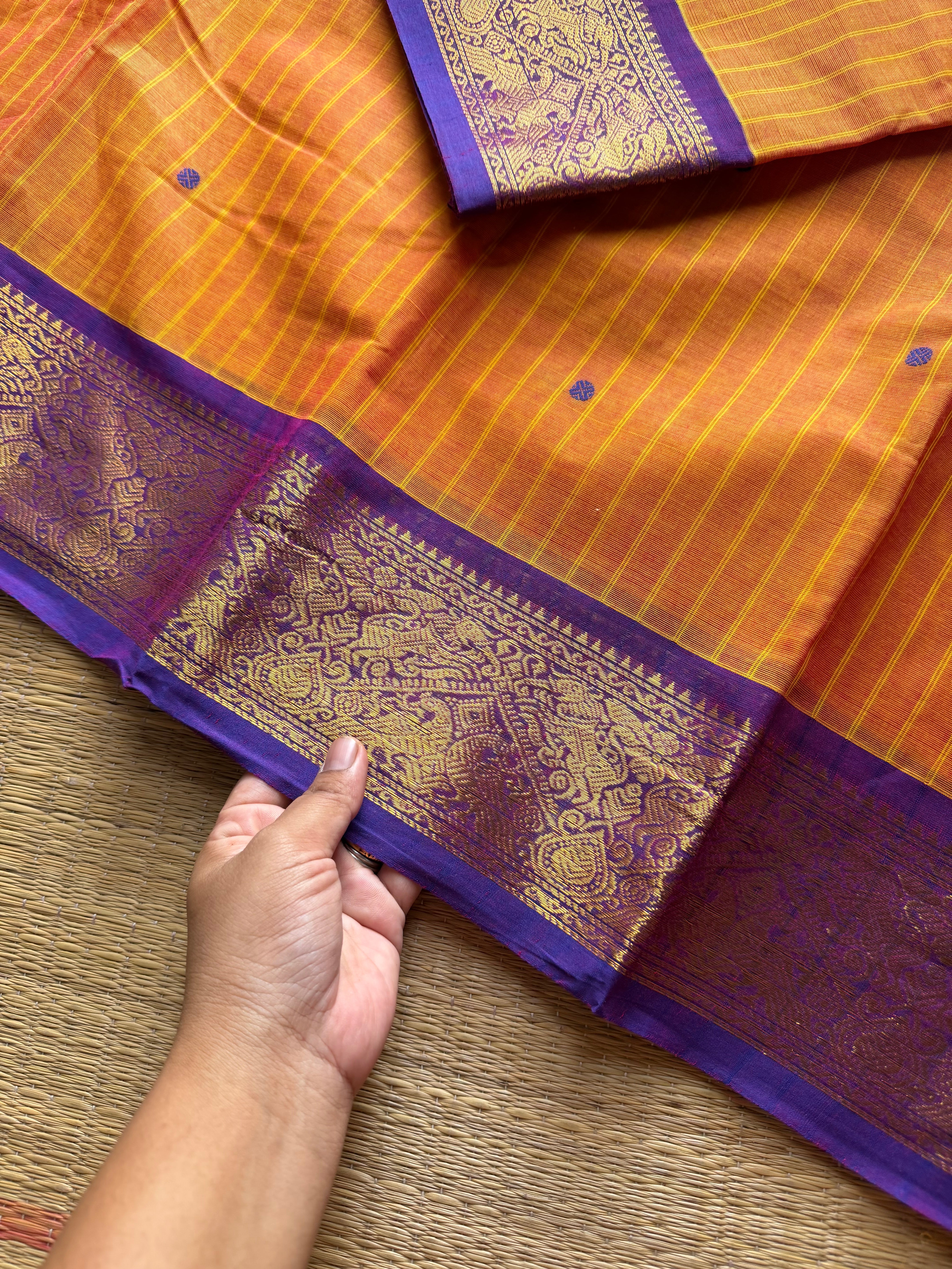 RF1068 Dark mango shade with purple combination Vanasingaram border Kanchi cotton saree with stripped pattern & handmade thread buttas