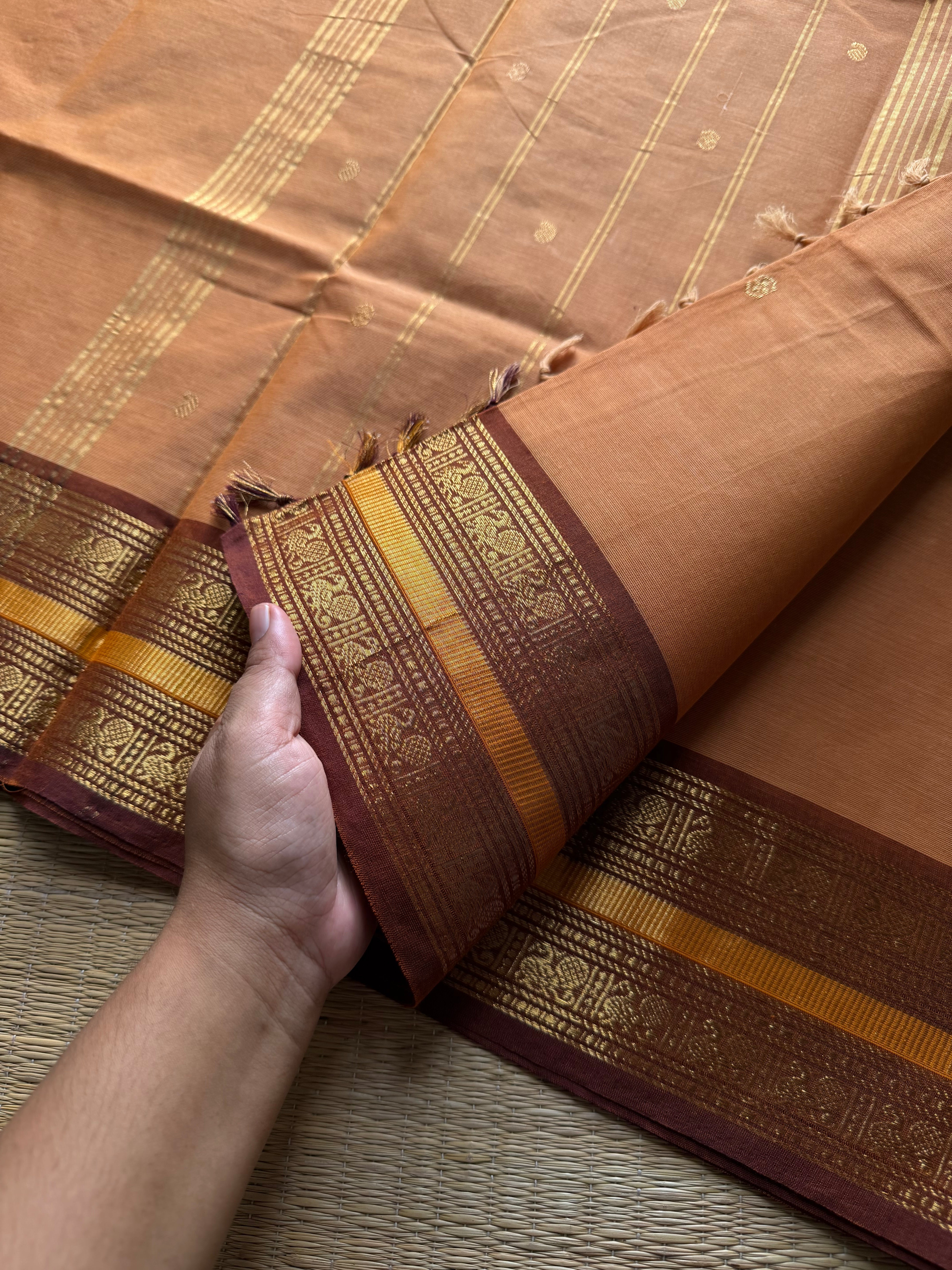 RF729 Beige shade Kanchi cotton saree with handmade golden zari buttas