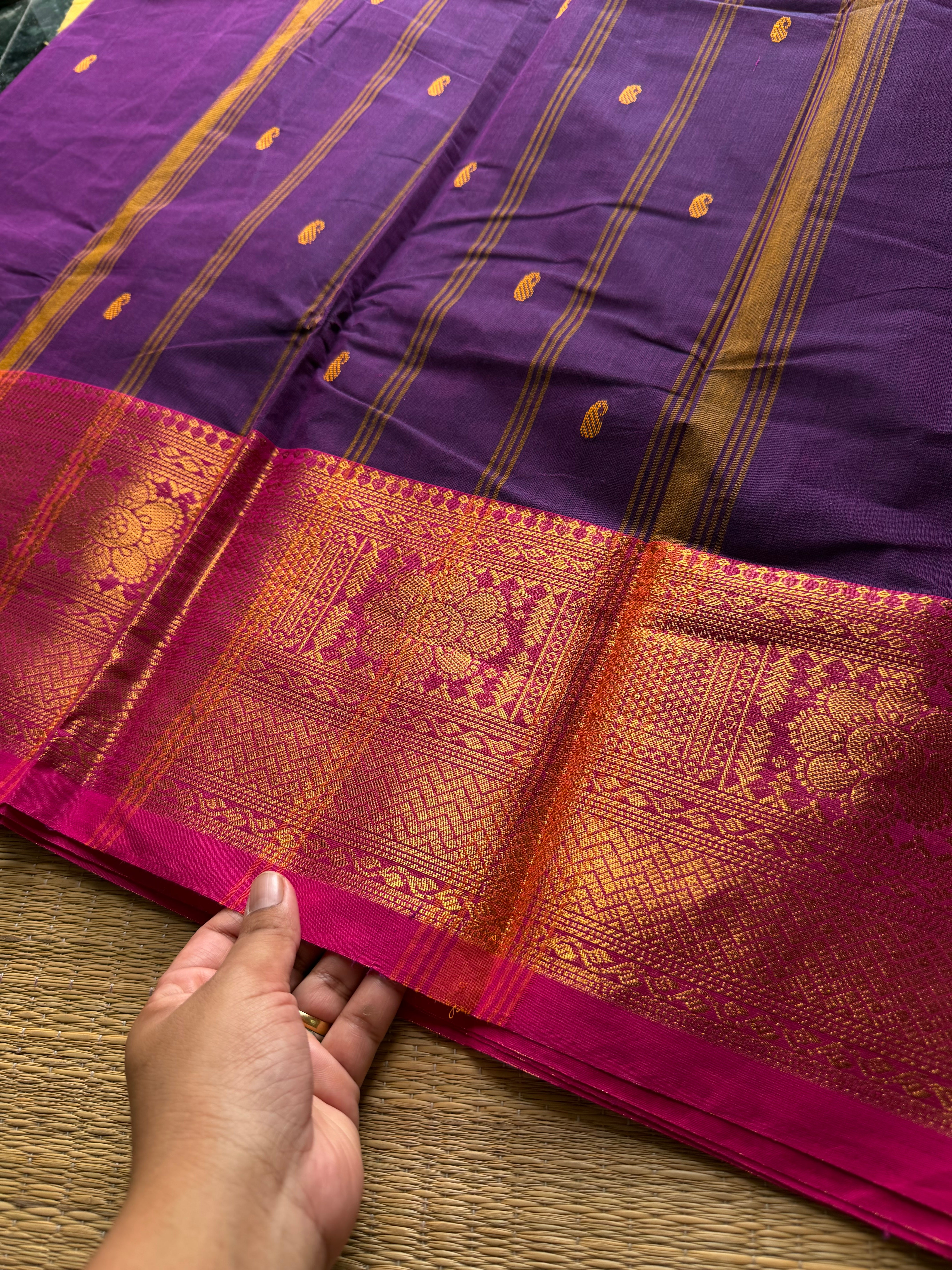 RF549 Purple shade Kanchi cotton saree with handmade thread buttas