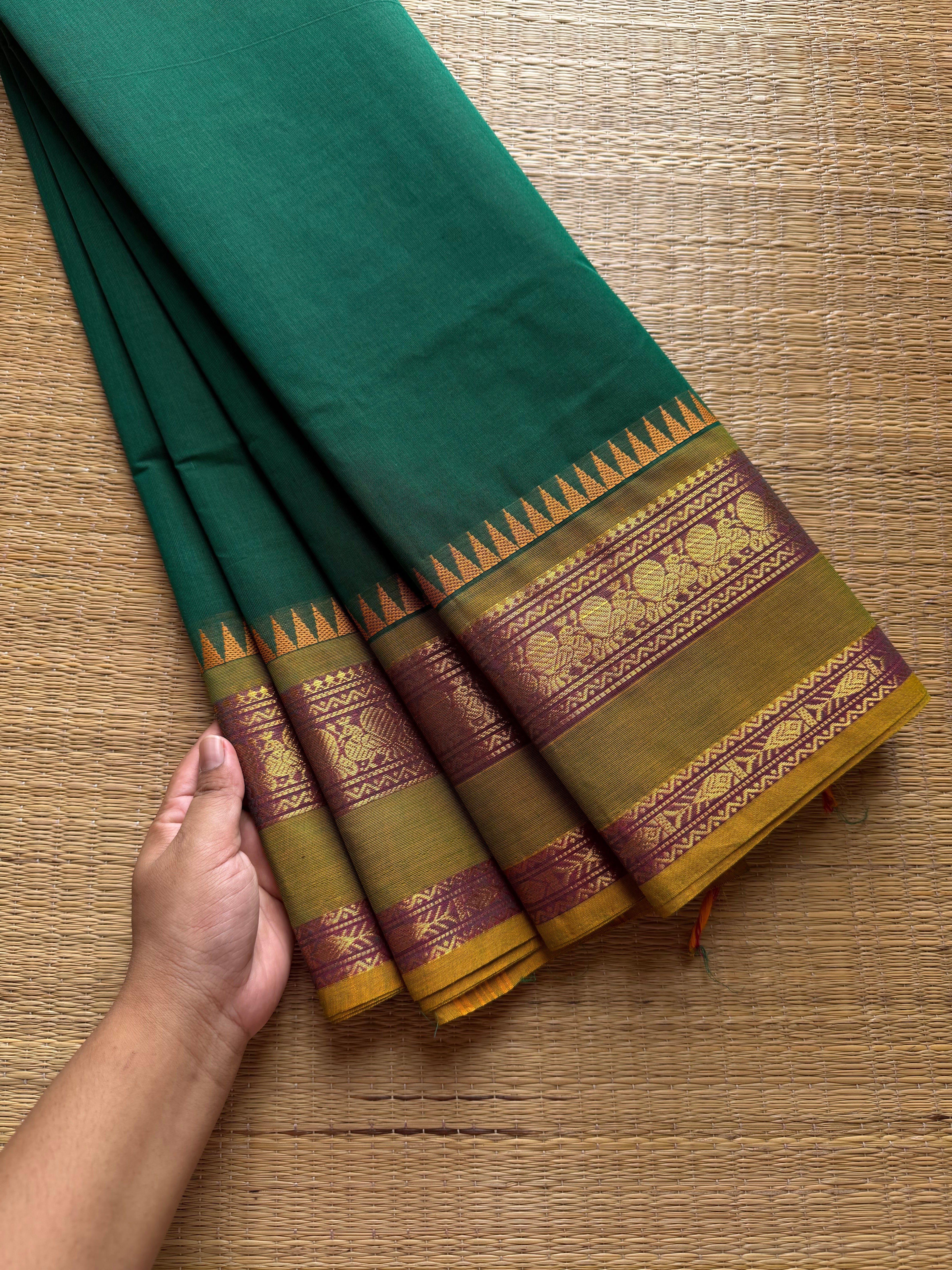 Green shade Kanchi cotton saree with unique contrast gap border