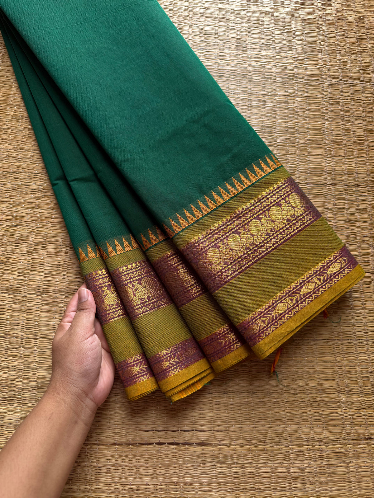 Green shade Kanchi cotton saree with unique contrast gap border