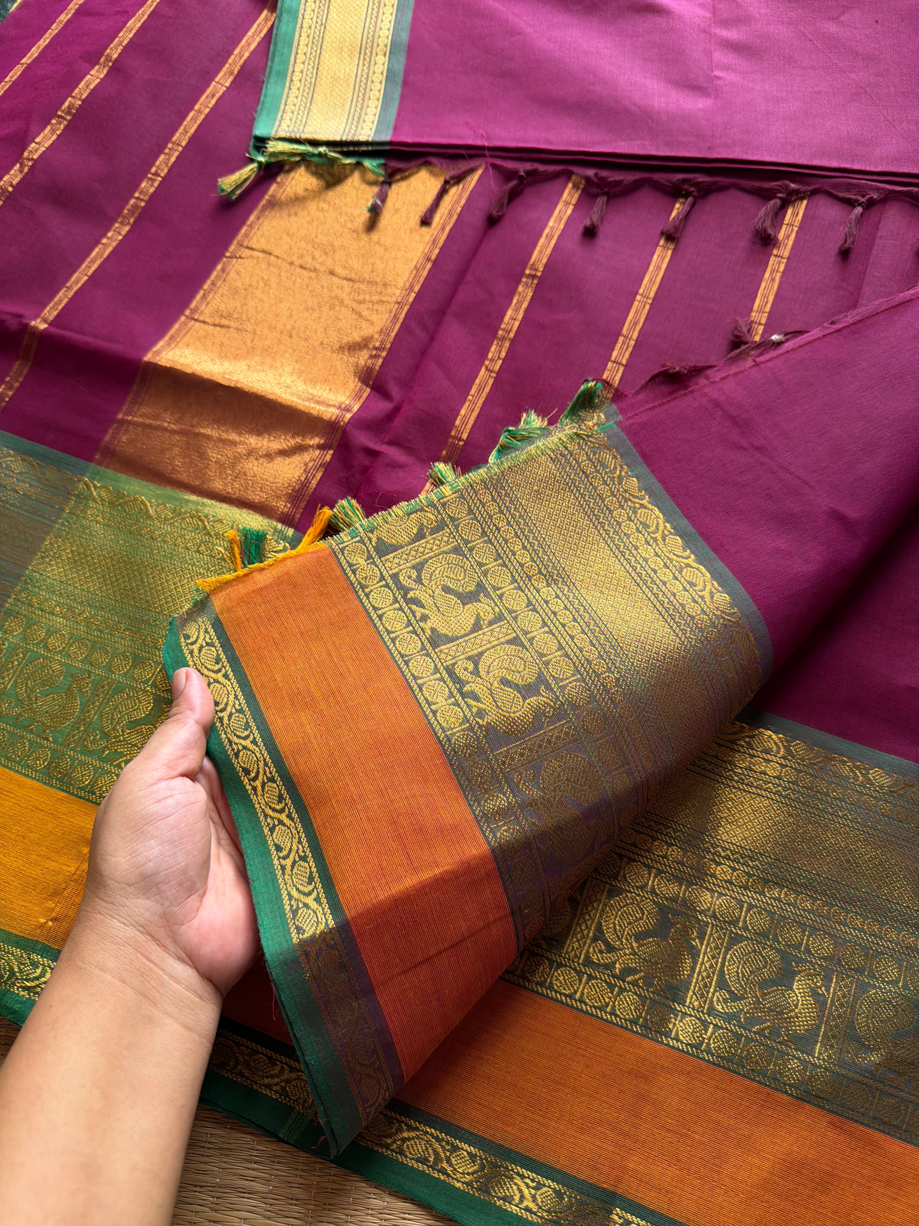 Dark magenta pink shade Kanchi cotton saree with contrast big Zari border
