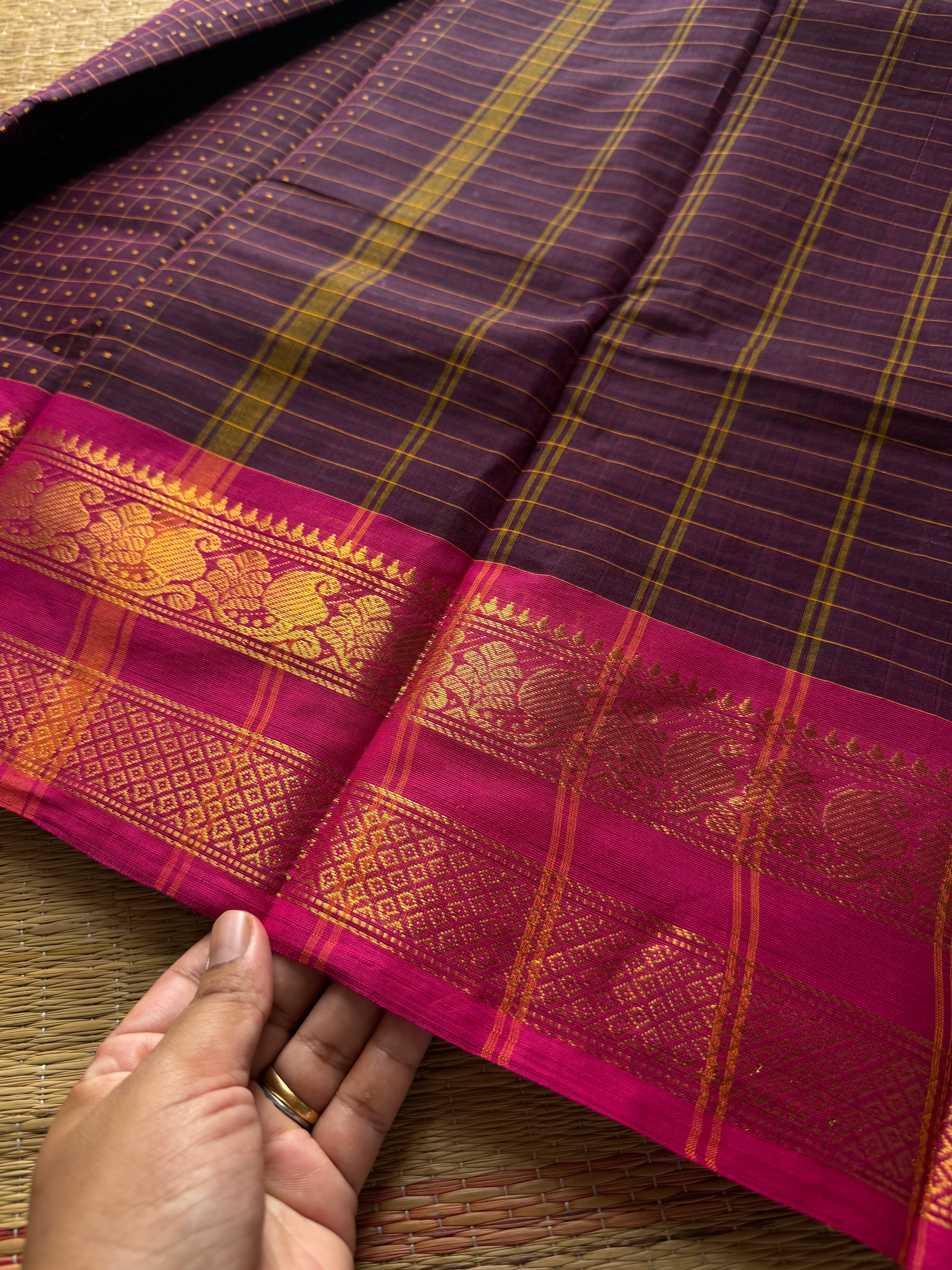 RF807 Lakshadeepam / 1000 Buttas checks / Kattam pattern Kanchi cotton saree :Jamun shade