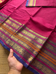 RF528 Magenta pink with contrast royal blue combination silk saree inspired varisaipet border Kanchi cotton saree