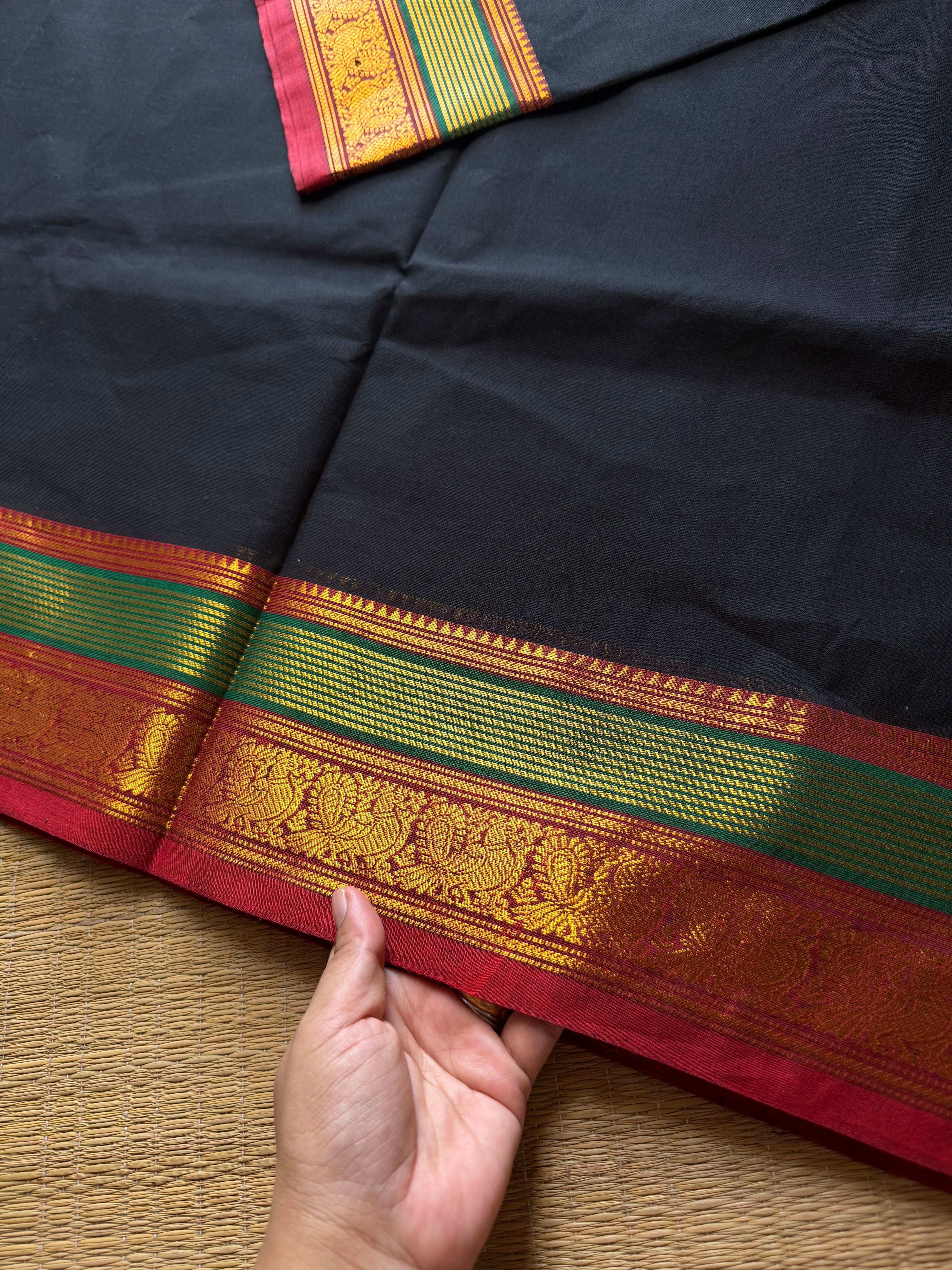 RF519 Black with red and green combination Kanchi cotton saree with unique border