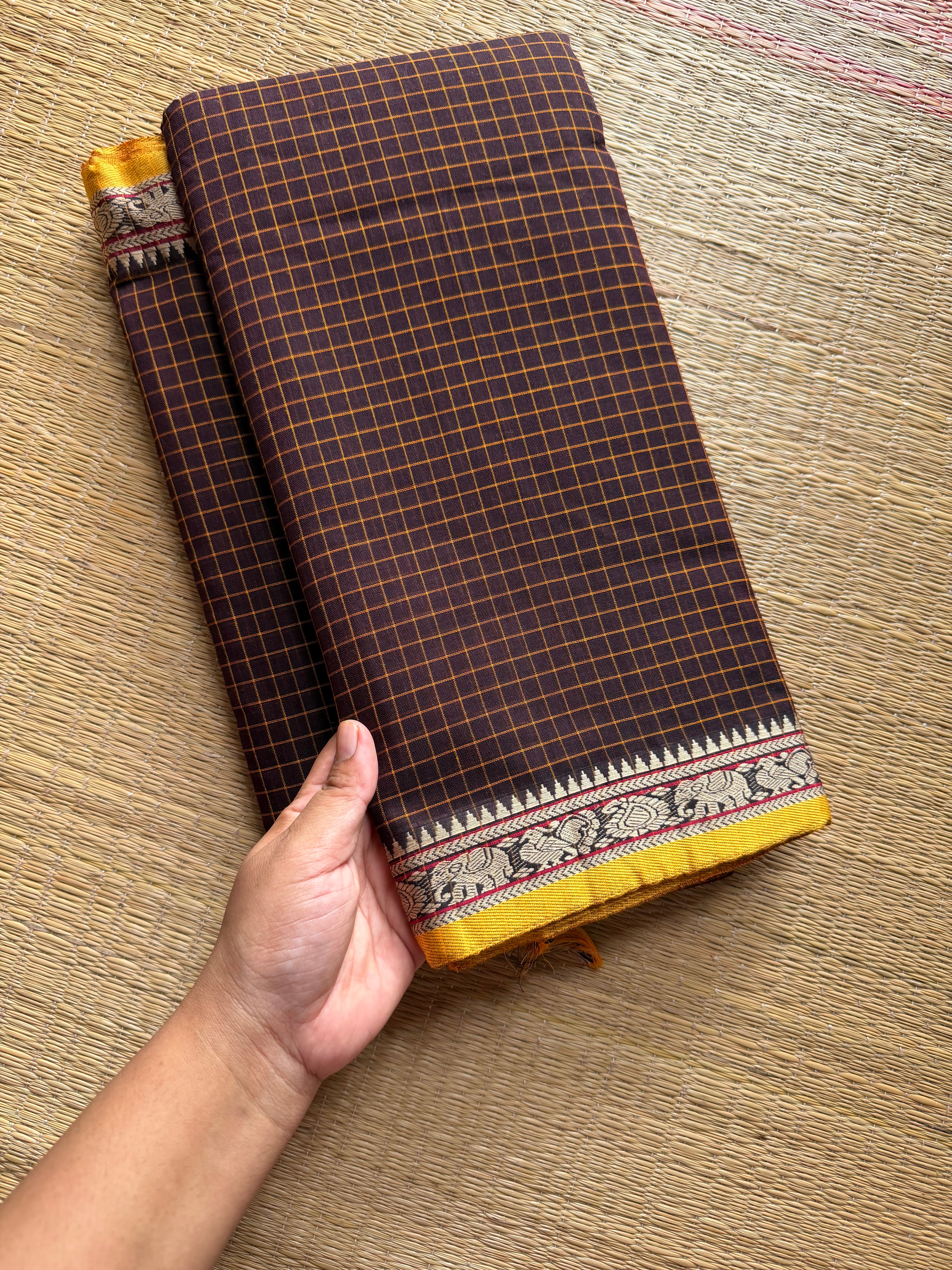 Brown shade Mercerised Narayanpet cotton saree with small border & Kattam / checks pattern saree