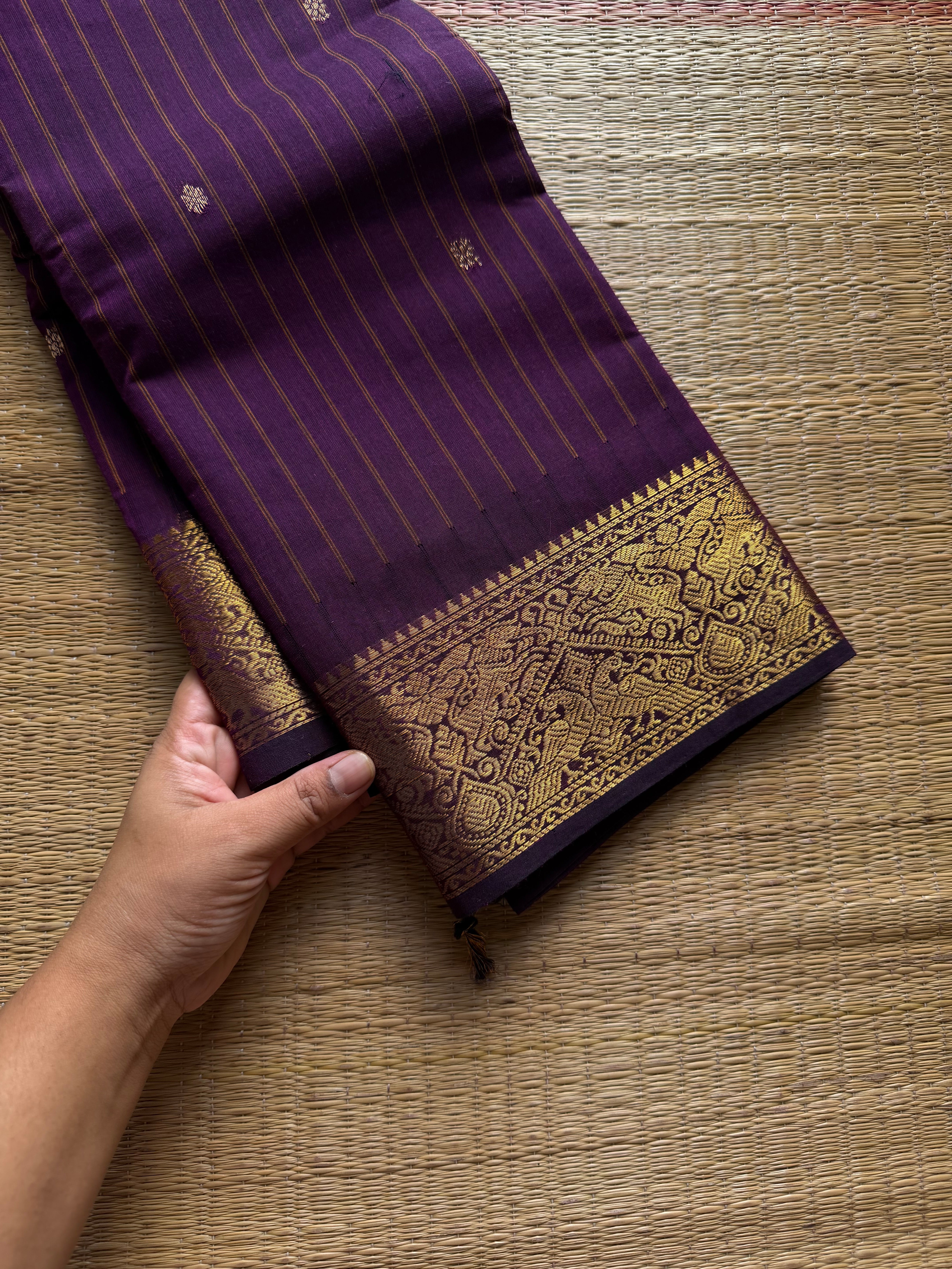 RF1407 Purple ~ Vanasingaram border Kanchi cotton saree with handmade thread buttas