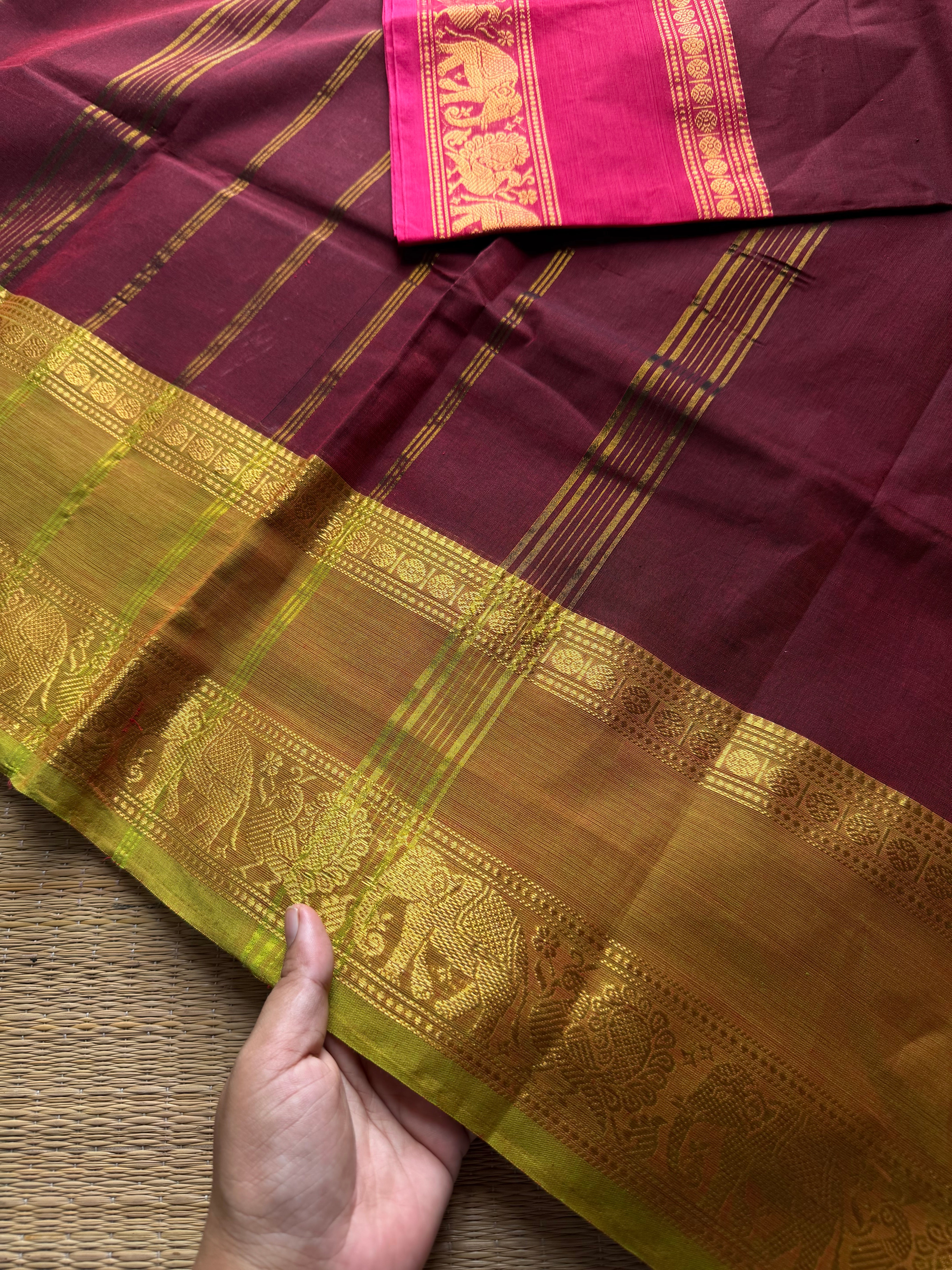 RF1224 Dual tone arakku shade Kanchi cotton saree with Ganga Jamuna border