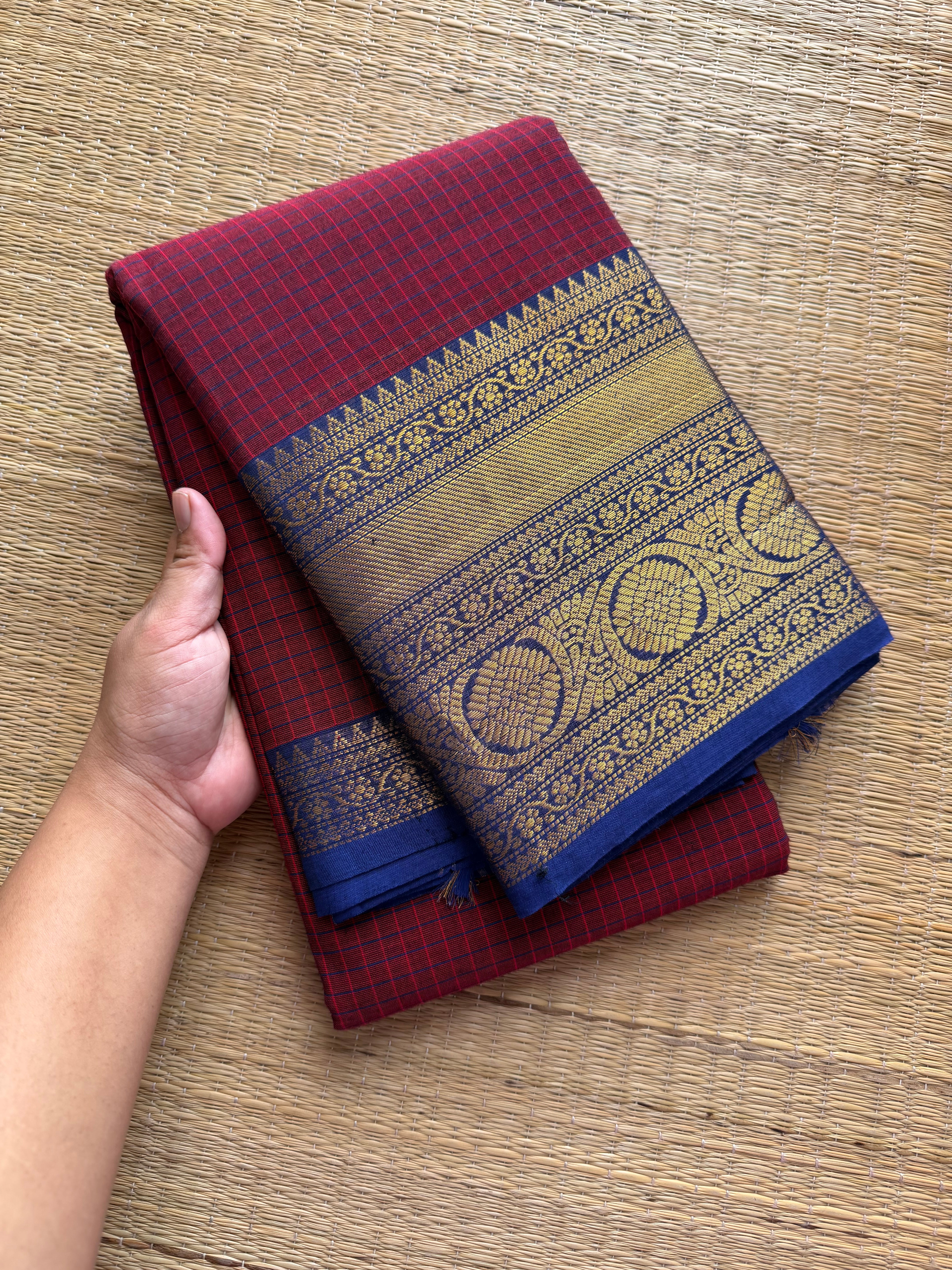 Magenta pink with royal blue combination checks / Kattam pattern Kanchi cotton saree