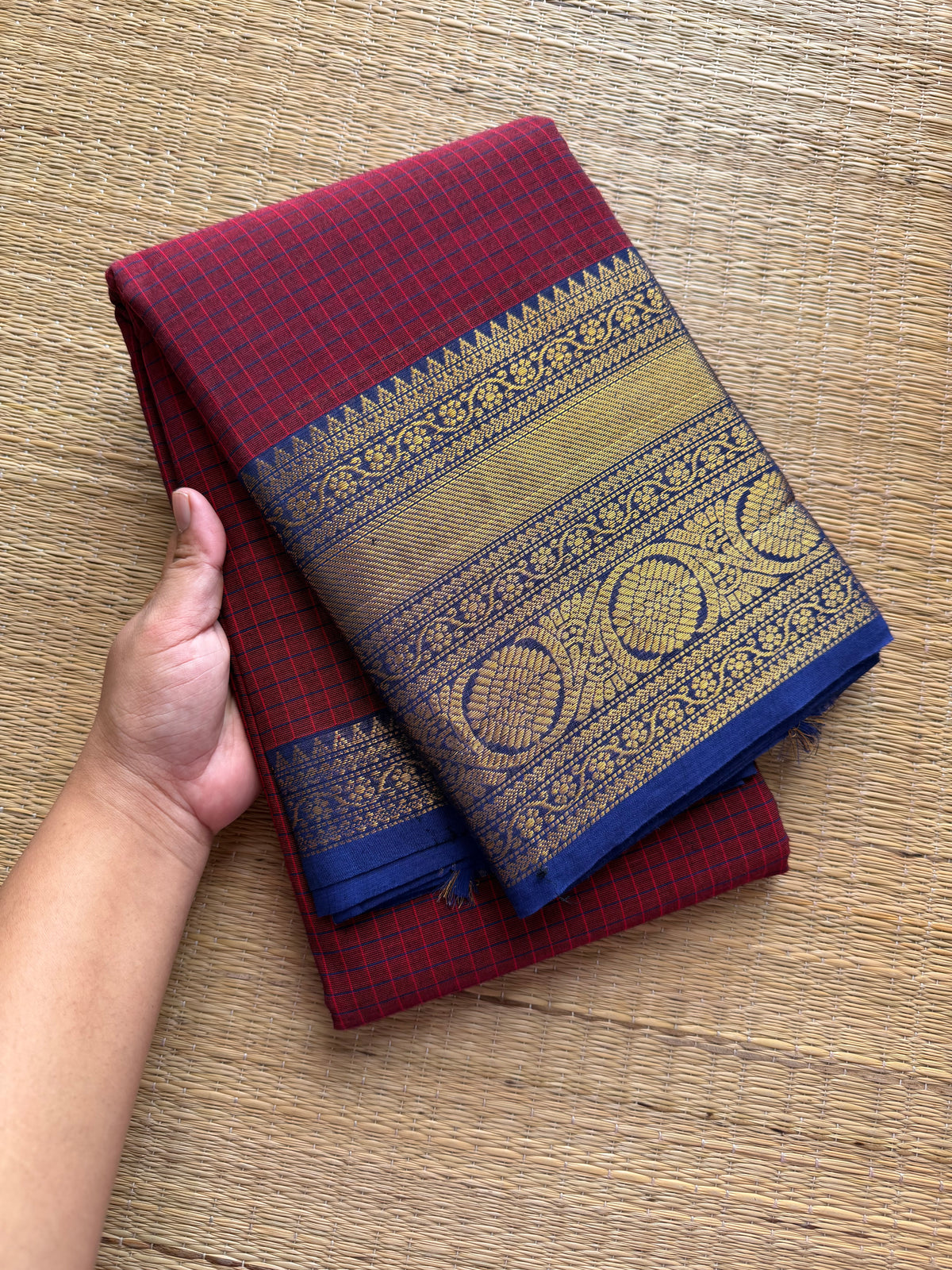 Magenta pink with royal blue combination checks / Kattam pattern Kanchi cotton saree