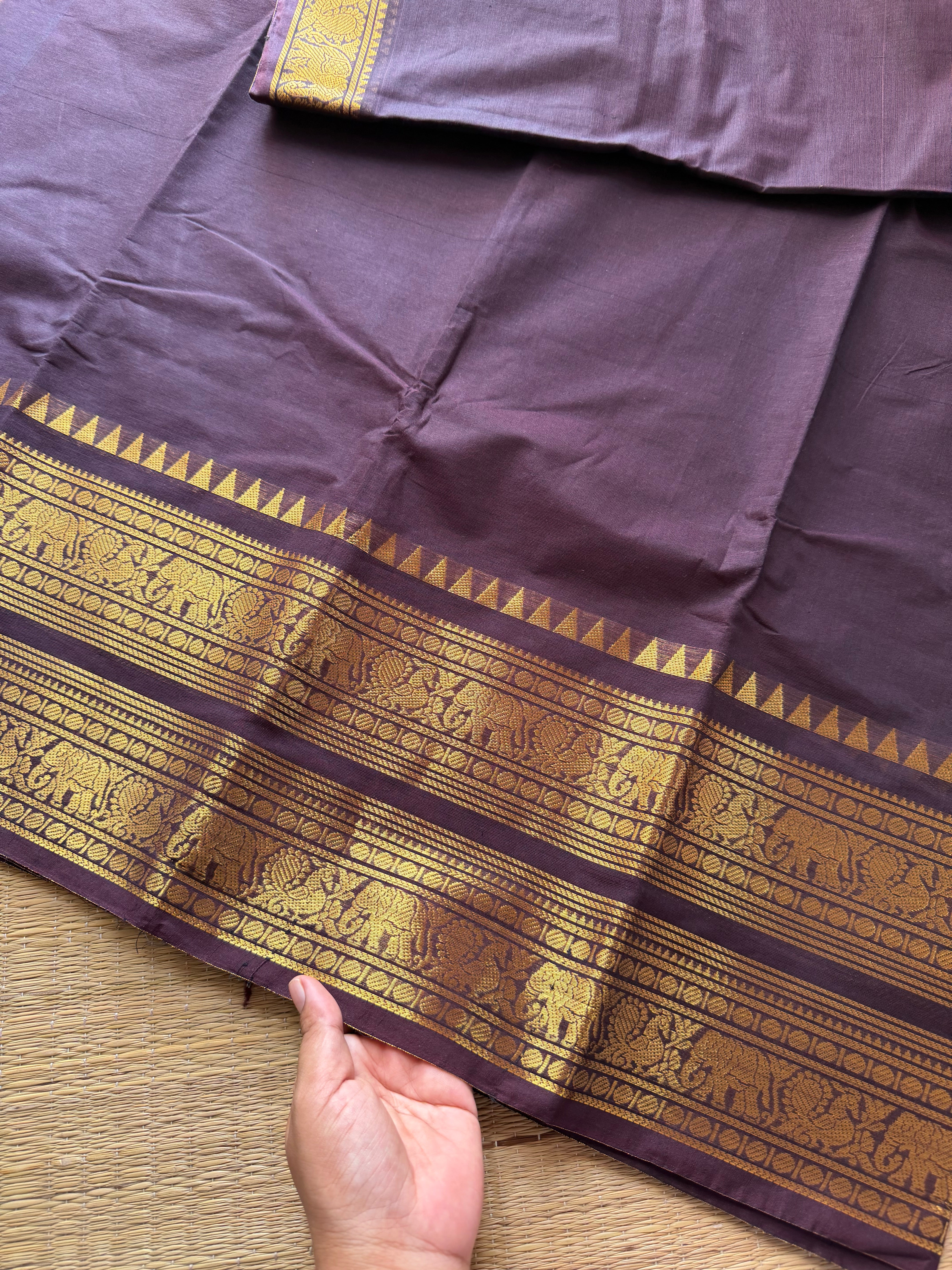RF202 Brown Rettapet Kanchi cotton saree with premium golden Zari border and Pallu