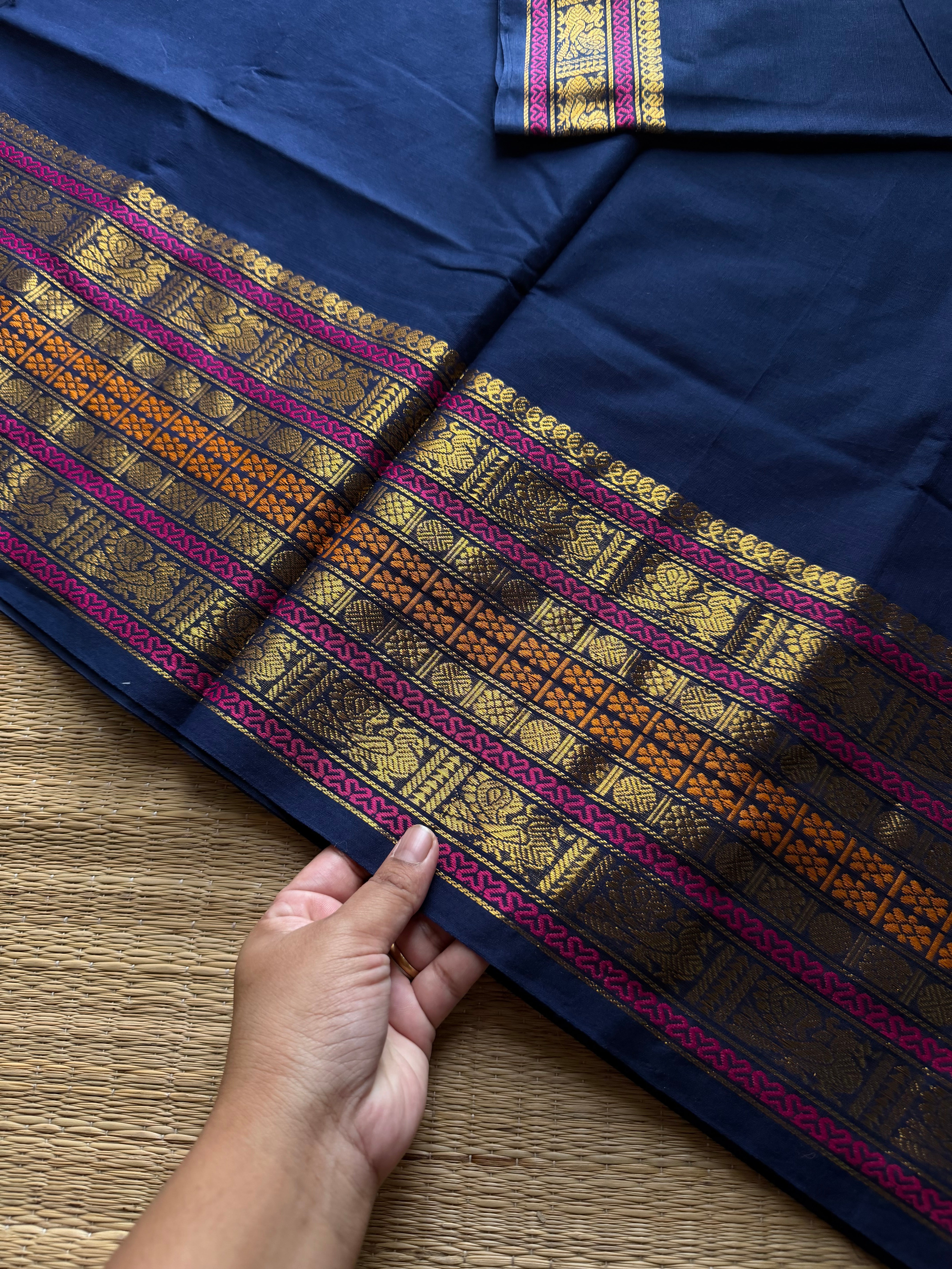 RF1204 Varisaipet border Kanchi cotton saree ~ Navy blue