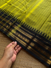 RF926 Green with black combination Kanchi cotton saree with vertical stripes pattern