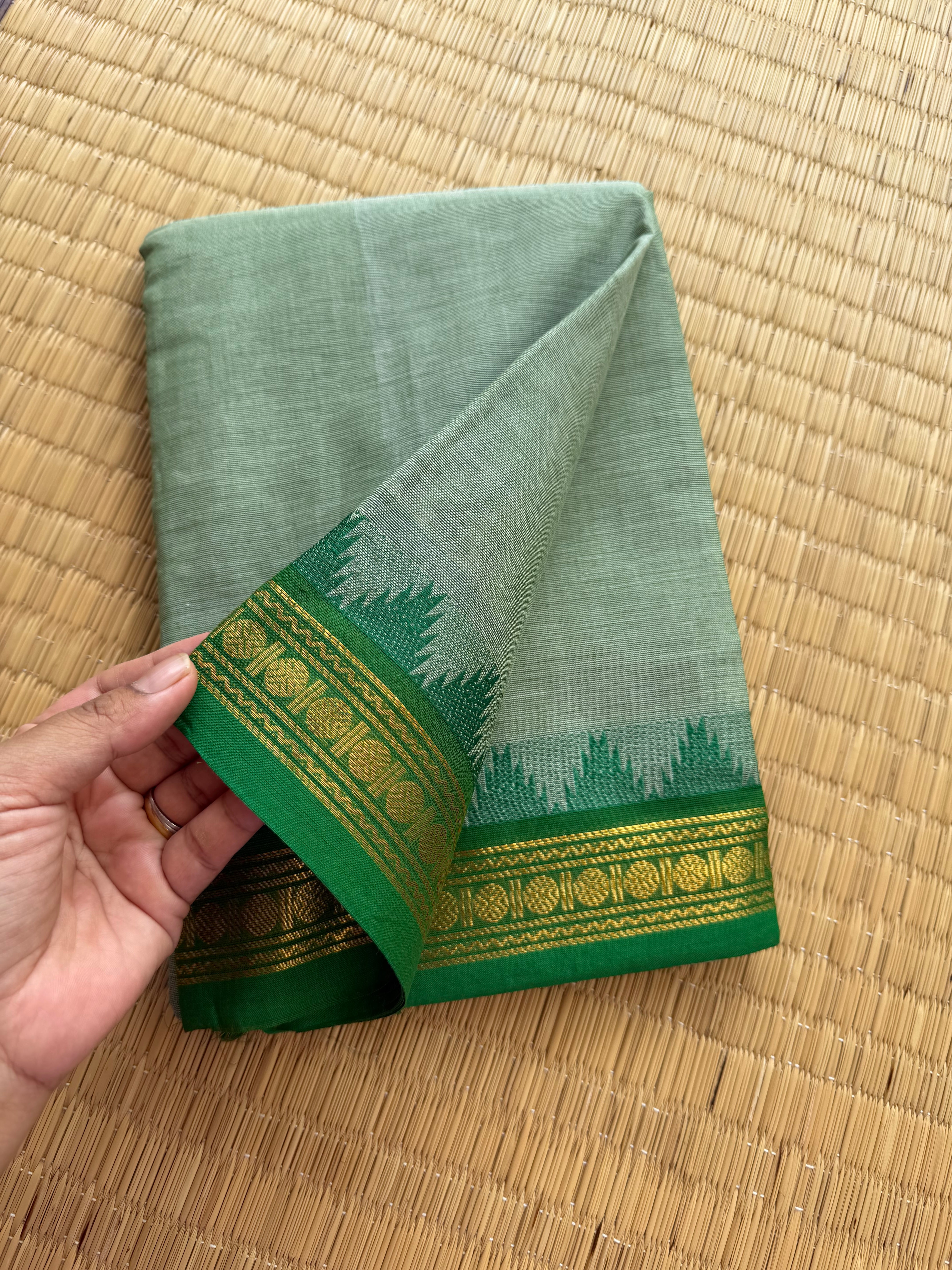 RF172 Pastel green shade Kanchi Cotton Saree With Contrast emerald green shade Small Zari Border