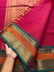 RF65 Dual tone reddish pink shade Premium Kanchi Cotton saree with checks pattern & With Rich Zari woven Pallu