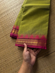 RF572 Thazhampoo Pattern ~ Green & Pink Combination Small Border Kanchi Cotton Saree