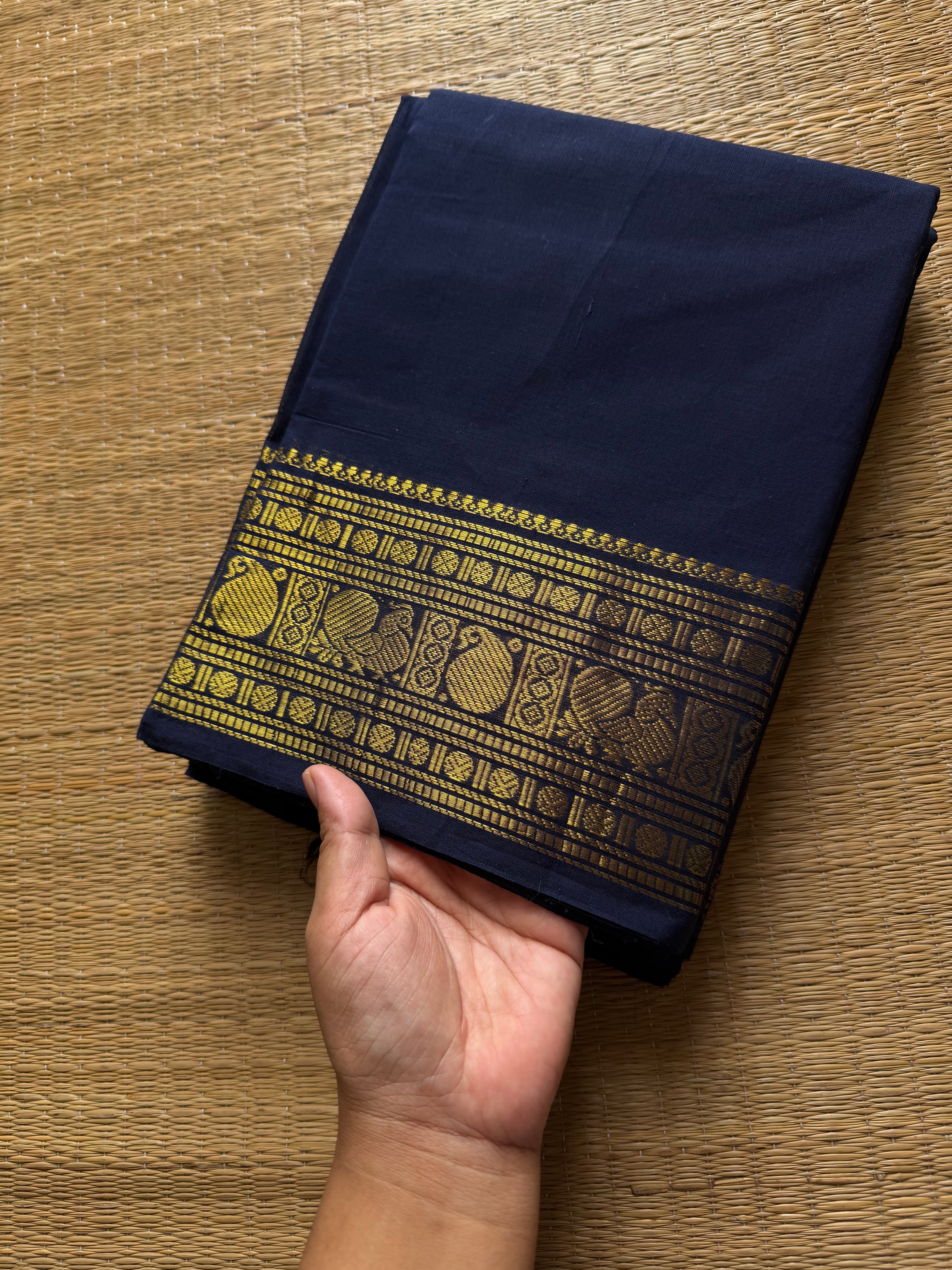 RF975 Navy blue shade Kanchi Cotton Saree with Annam and mango pattern