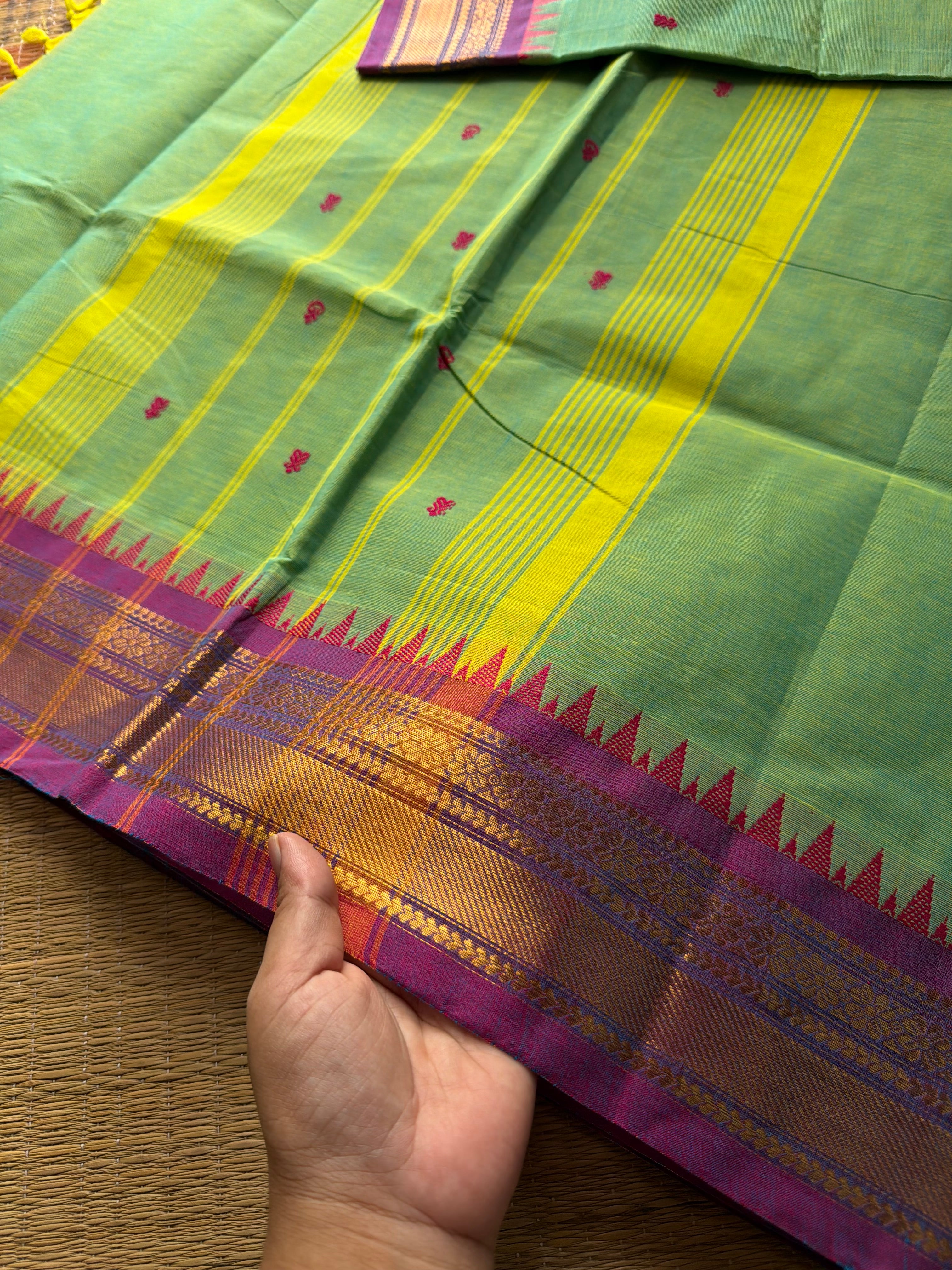RF382 Dual tone Apple green with contrast purple combination small border Kanchi cotton saree with handmade thread buttas