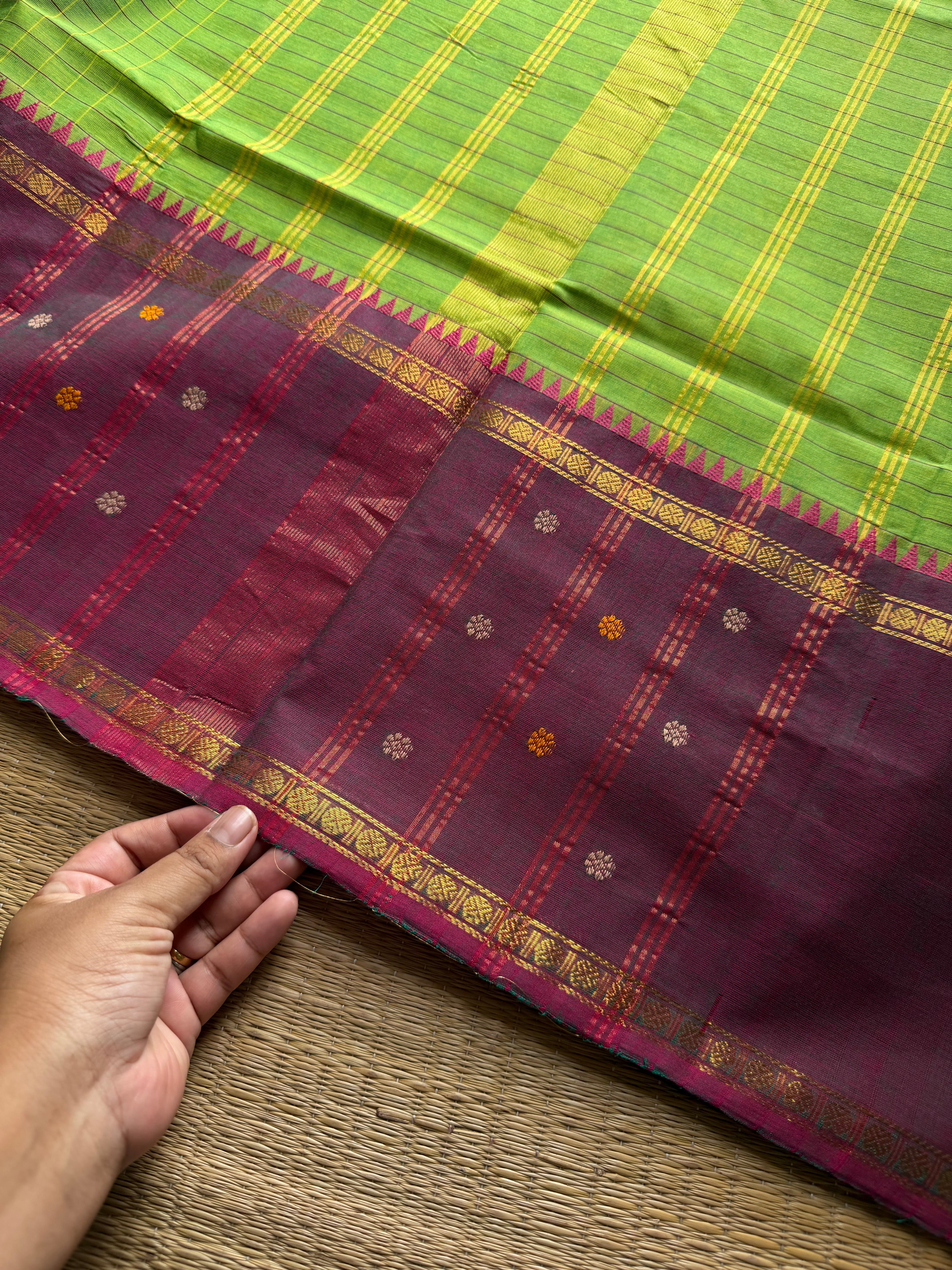 RF1241 Light parrot green ~ Premium Vintage Kattam Kanchi cotton saree