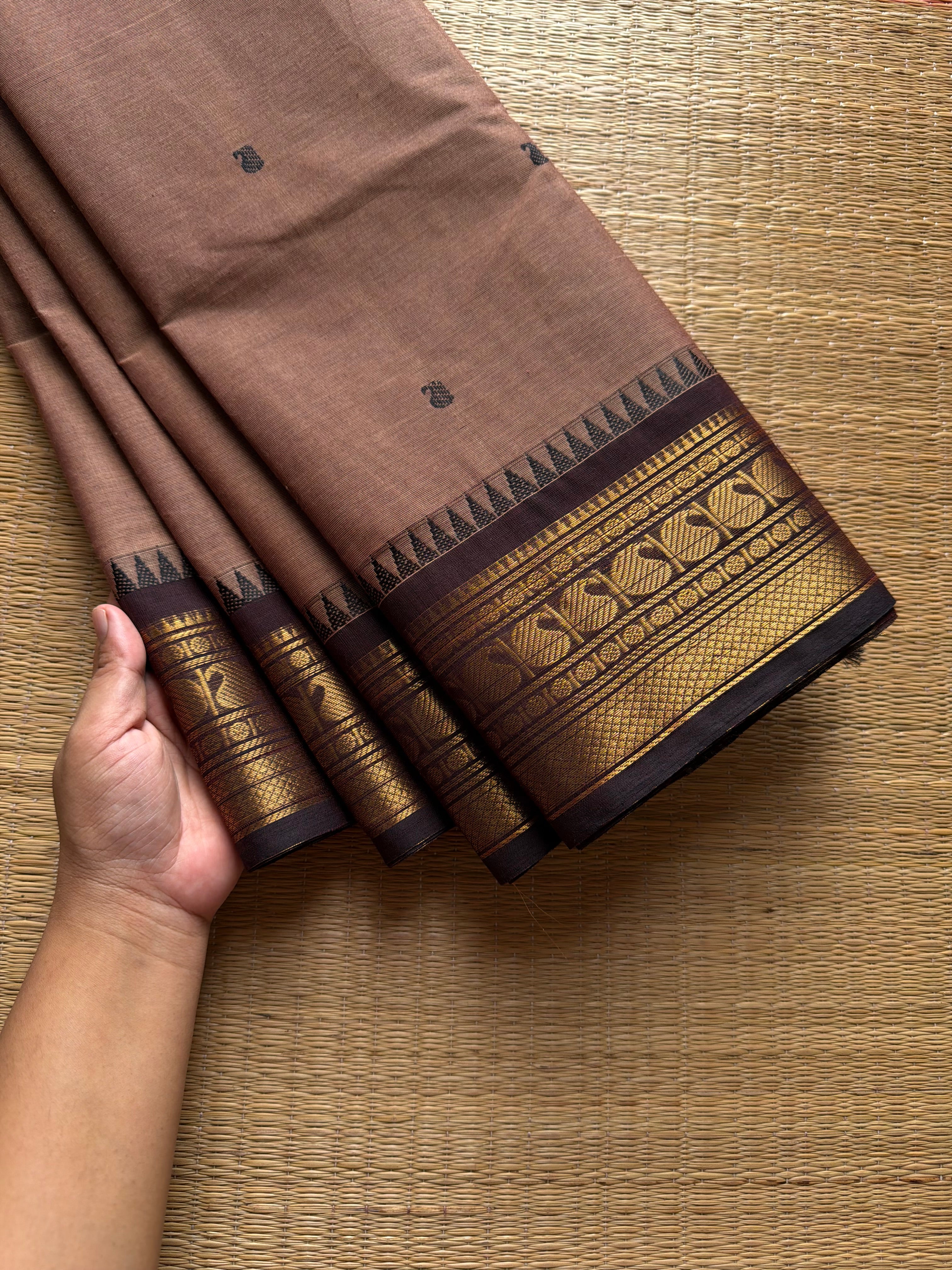 RF1096 Dual tone biscuit shade ~ Kanchi cotton saree with handmade thread buttas