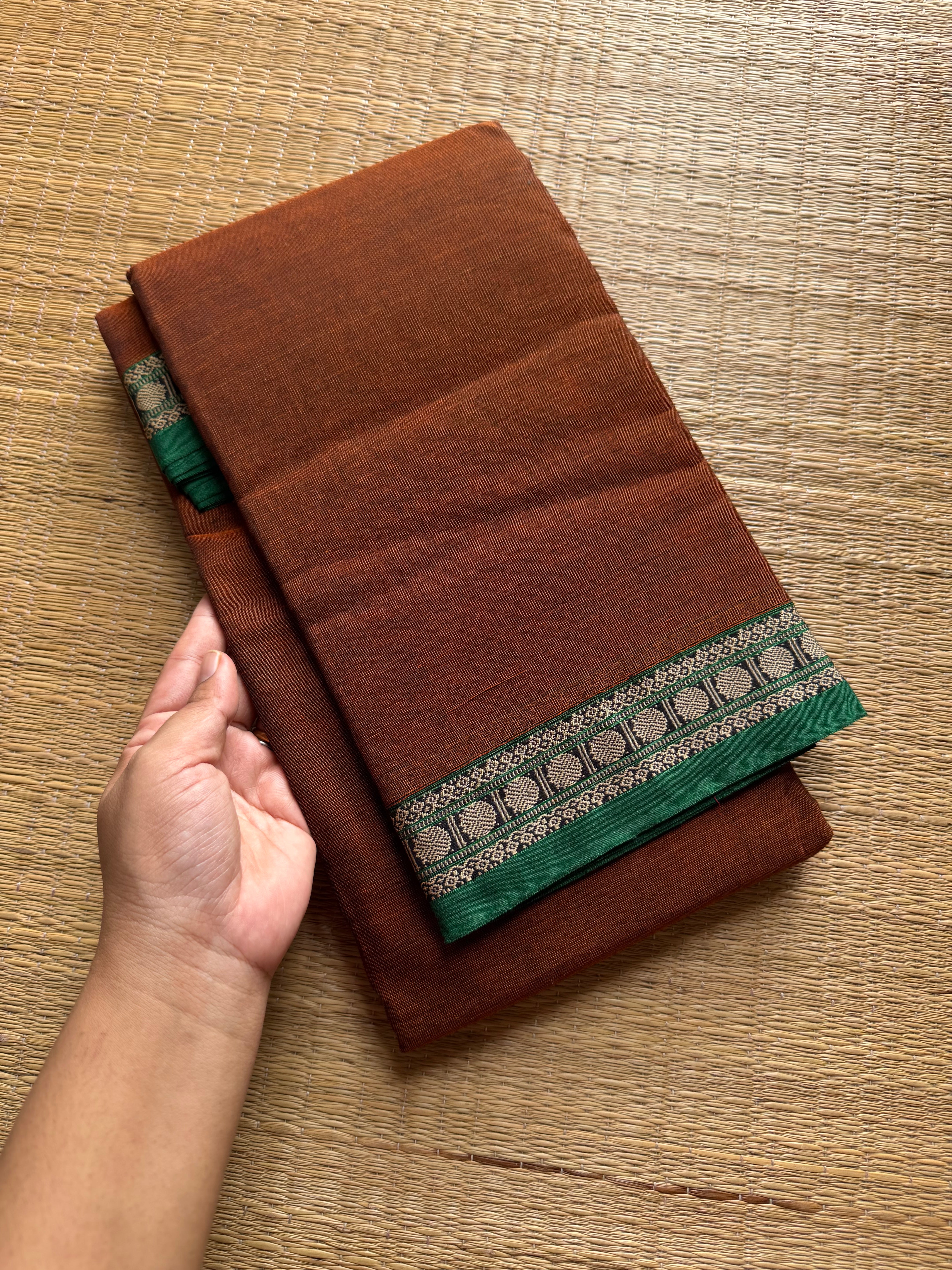 RF559 Dark honey shade Mercerised Narayanpet cotton saree with contrast small border