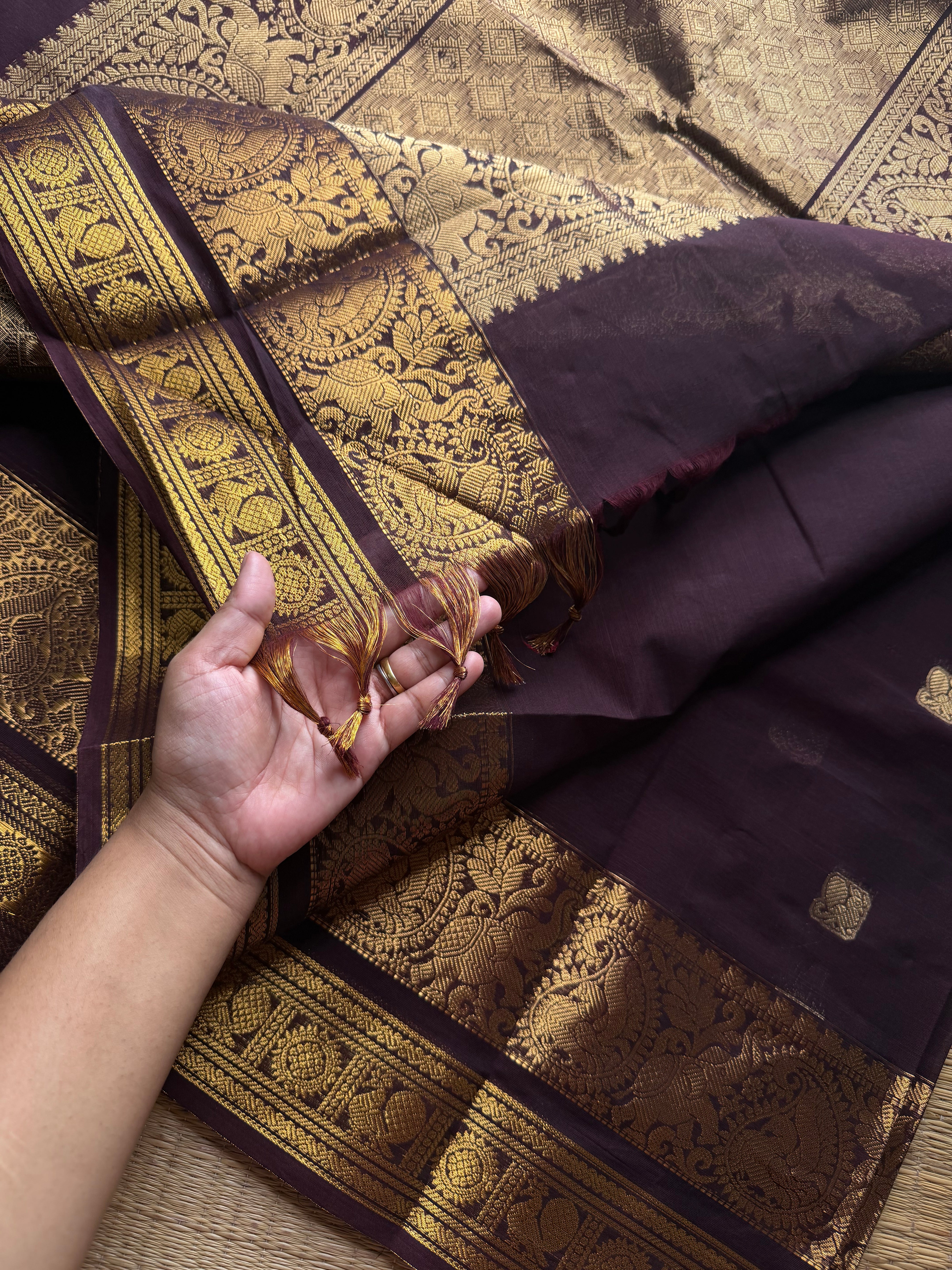 RF1359 Rich Pallu Kanchi Cotton Sares ~ Monotone Coffee Brown