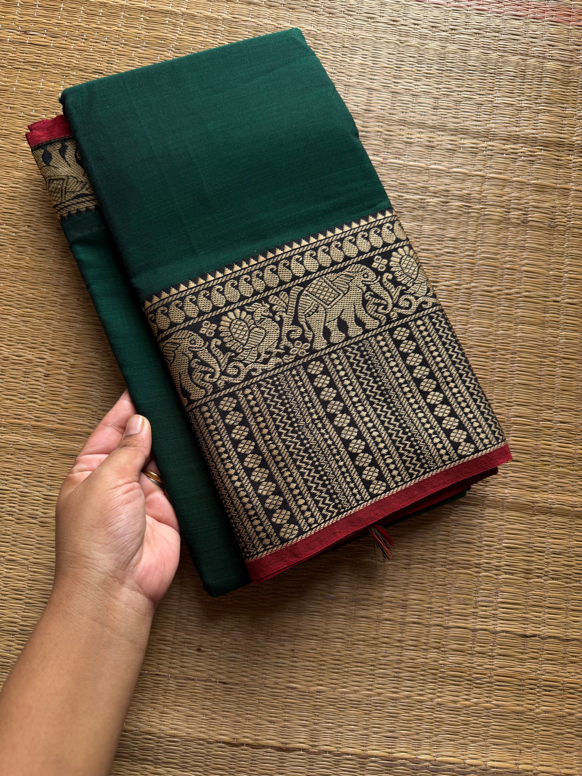 RF1433 Bottle green ~ Mercerised Narayanpet big thread border soft cotton saree