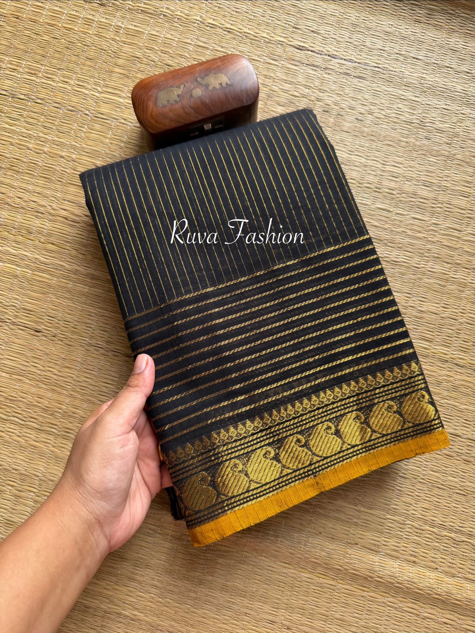 Black Vairaoosi Pattern Kanchi Cotton Saree With Small Contrast Mustard Shade Mango Pattern Zari Border - RF2