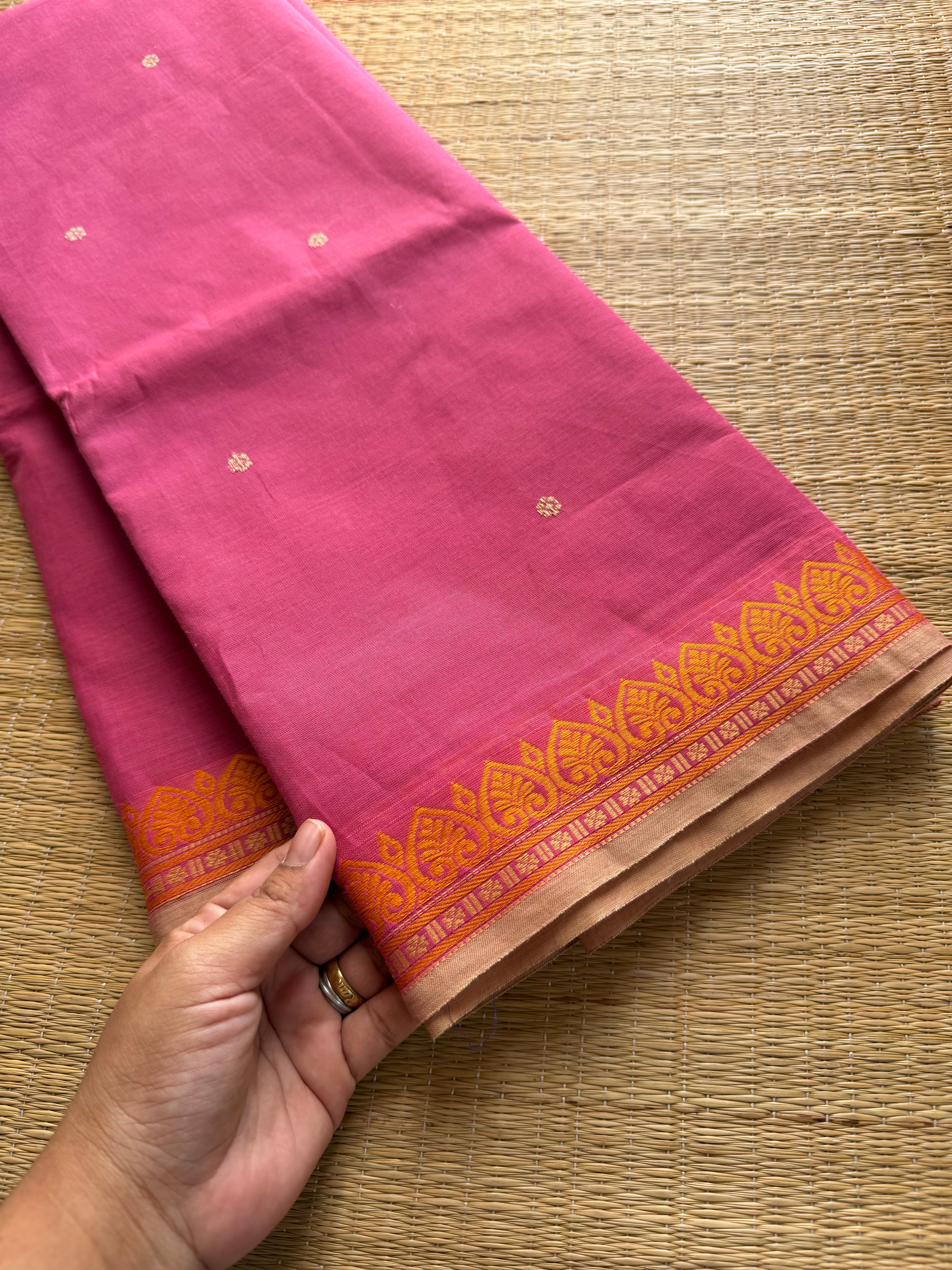 RF217 Lotus pink shade small thread border Kanchi cotton saree with handmade thread buttas