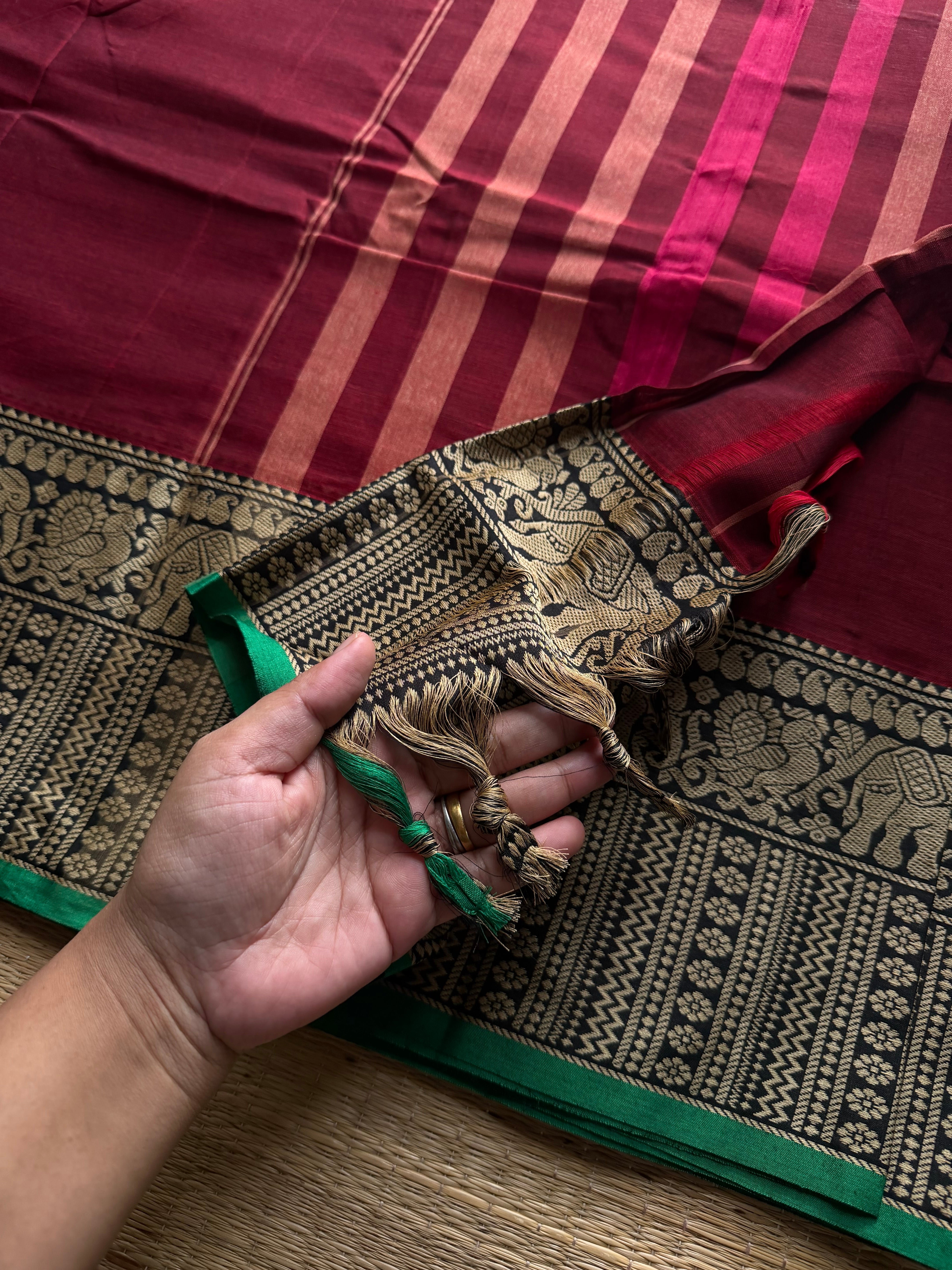 RF1213 Maroon with green ~ Mercerised Narayanpet soft cotton saree with elephant & Annam pattern border
