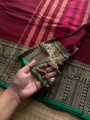 RF1213 Maroon with green ~ Mercerised Narayanpet soft cotton saree with elephant & Annam pattern border