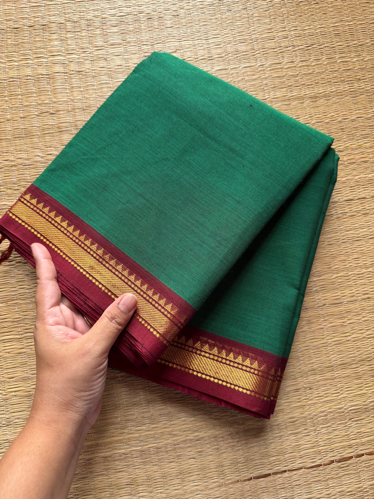 RF210 Green Kanchi cotton saree with small contrast Zari border