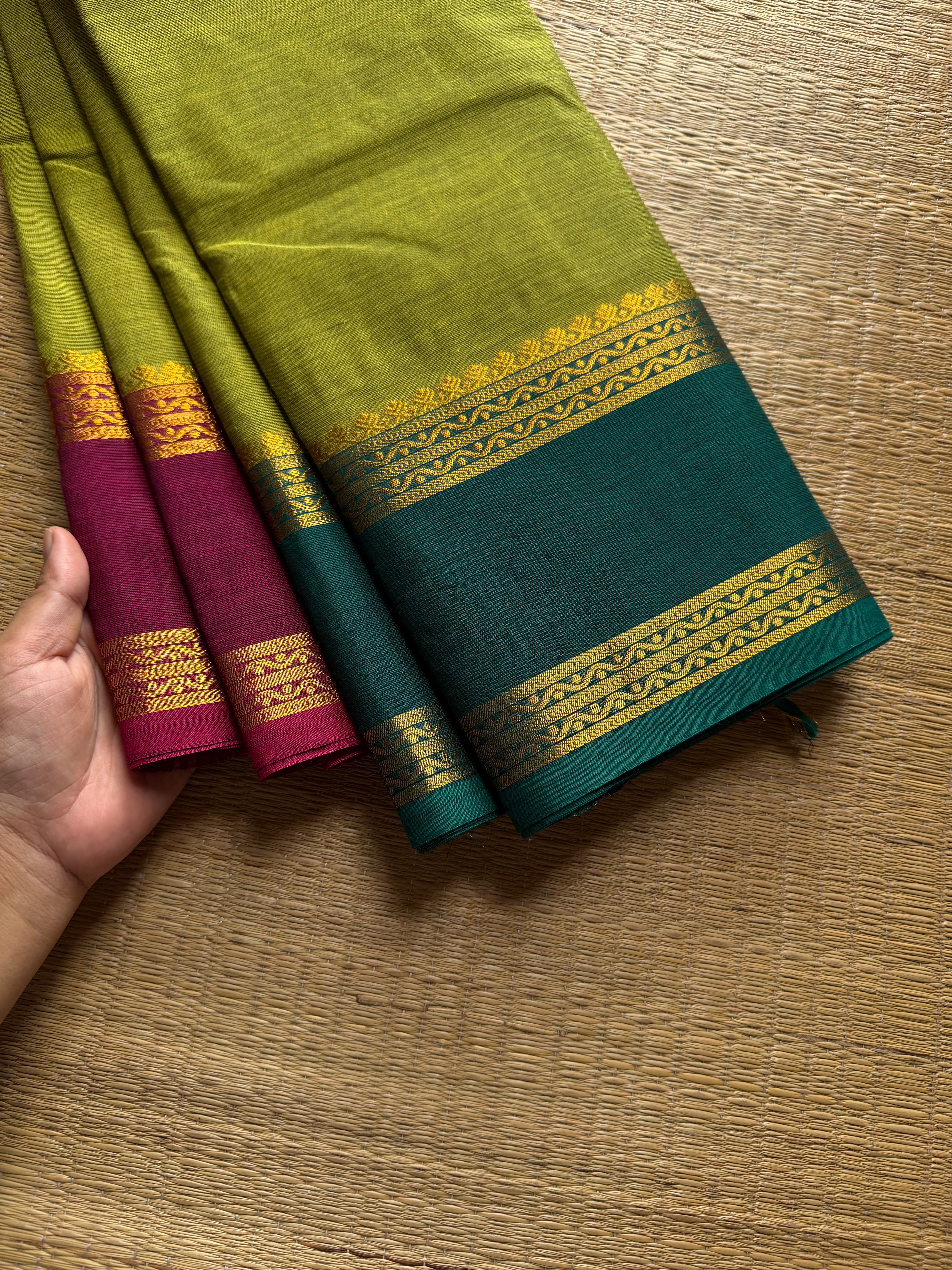 RF1228 Parrot green shade ~ Ganga Jamuna border Kanchi cotton saree