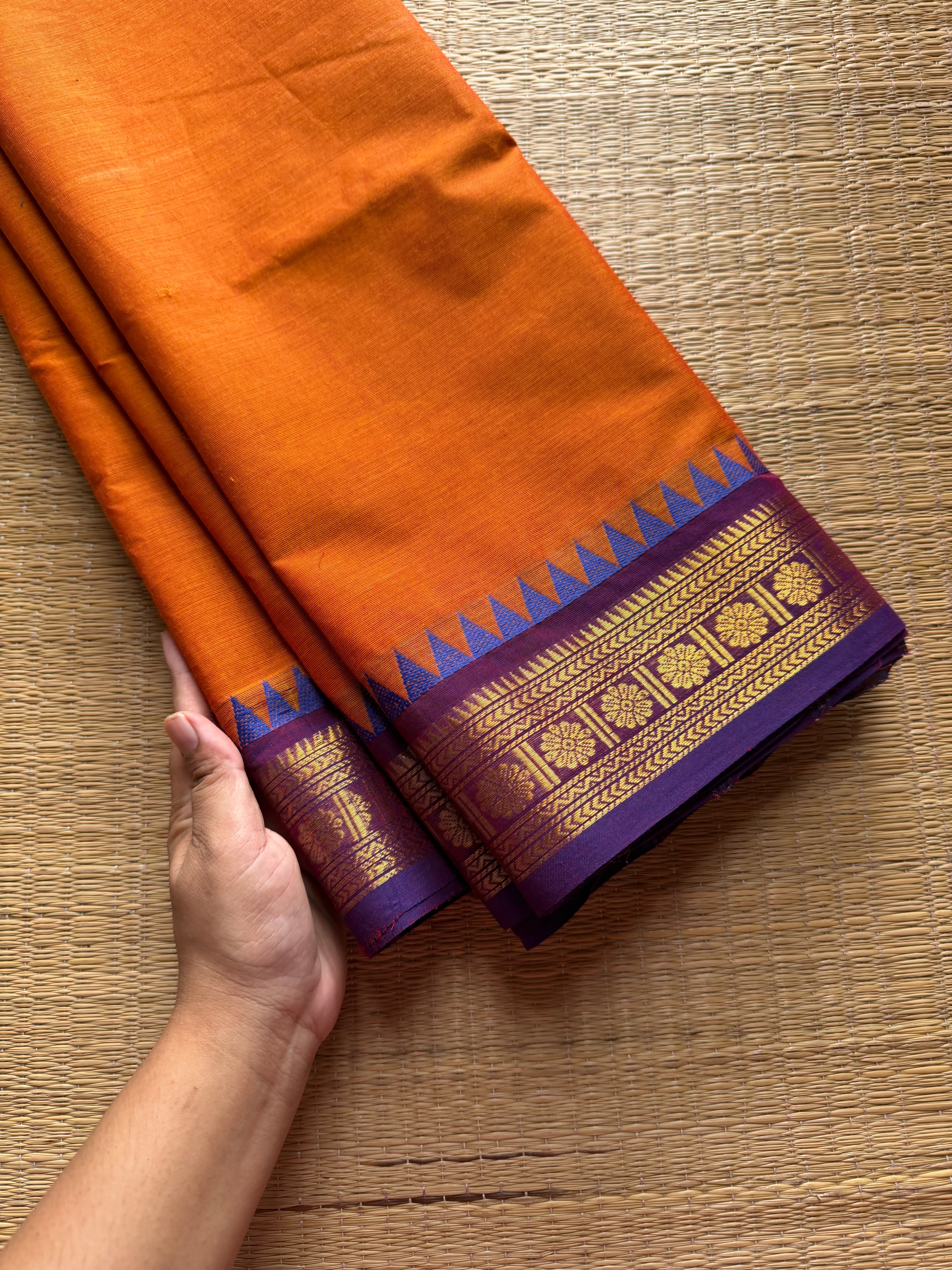Burnt orange shade with purple combination Kanchi cotton saree