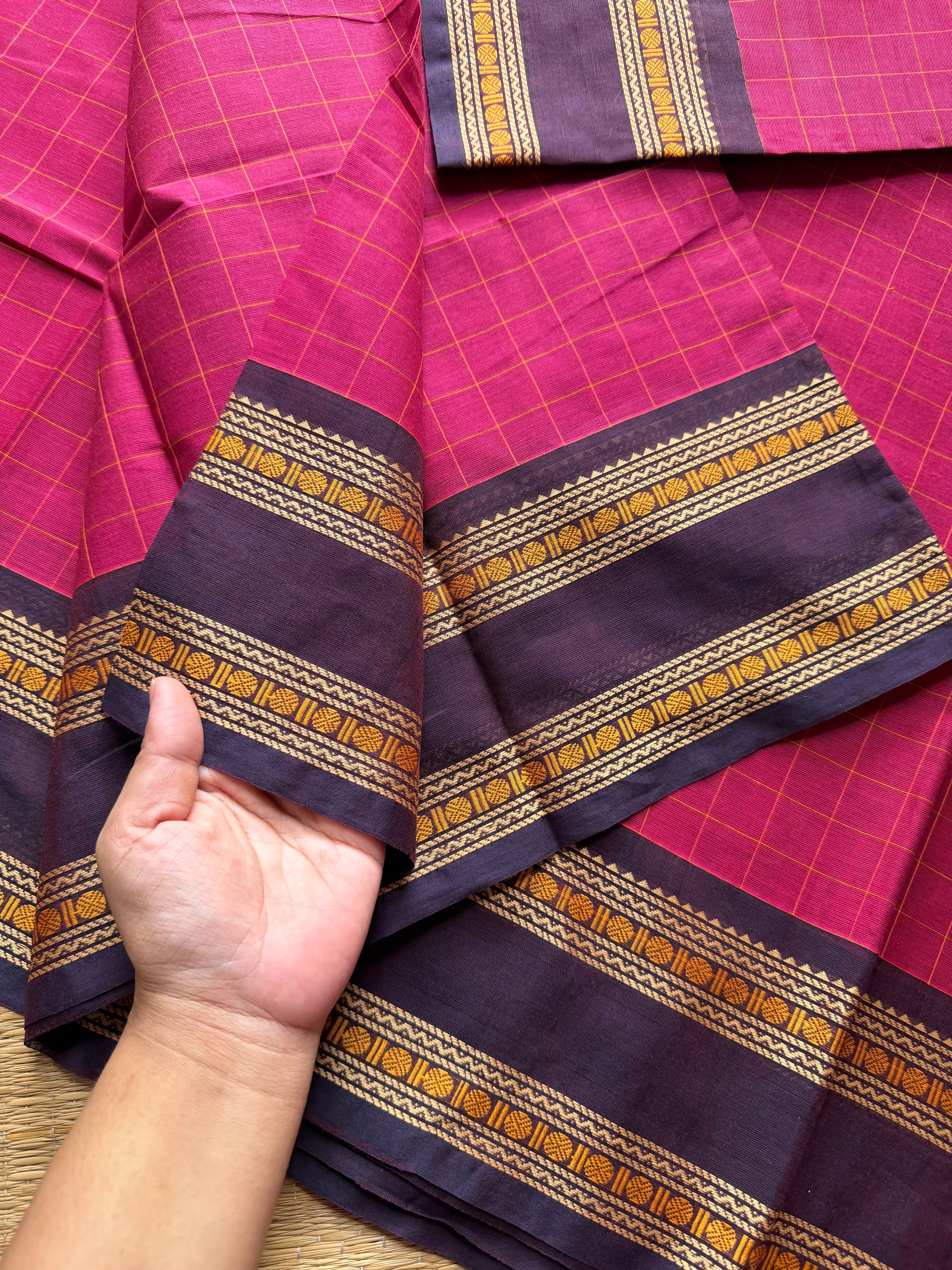 RF557 Premium & Soft Thread Border Kanchi Cotton Saree With Kattam / Checks Pattern | Magenta pink