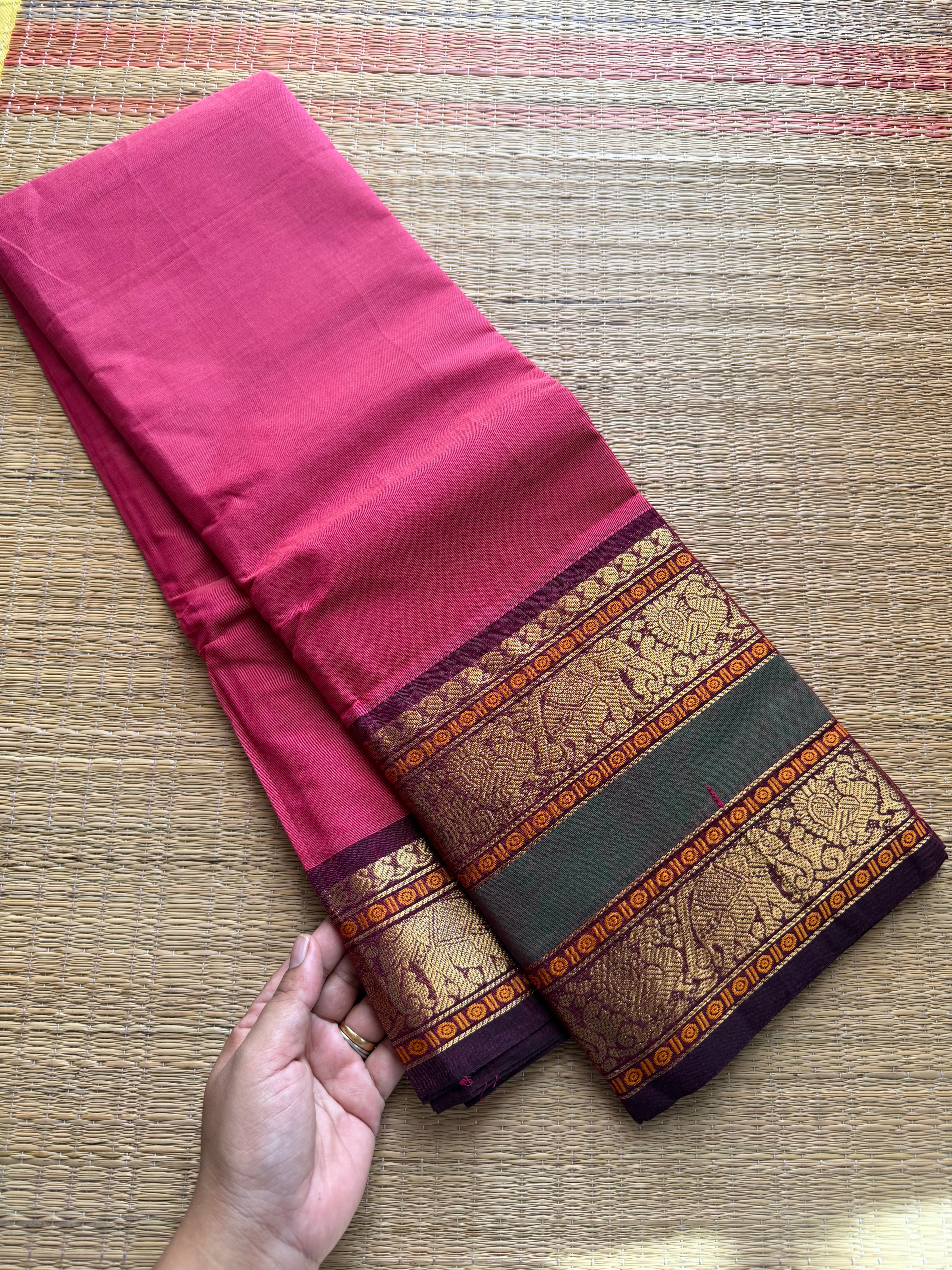 RF538 Pink with purple combination Kanchi cotton saree with Rettapet border